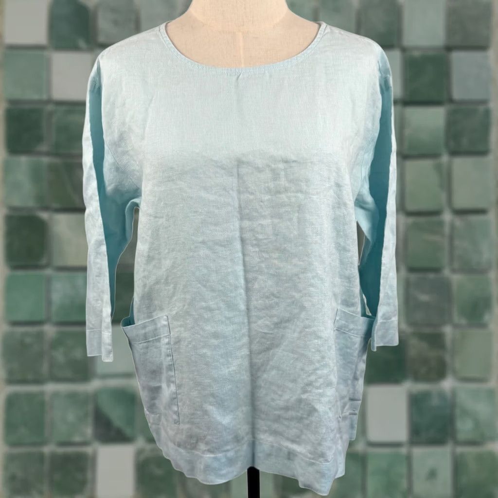 Vintage Pure Jill Linen Tunic Top Blue 3/4 Sleeve Pockets Oversized Boxy Lagenlook Women PM Size M / US 6-8 / IT 42-44 - 1 Thumbnail