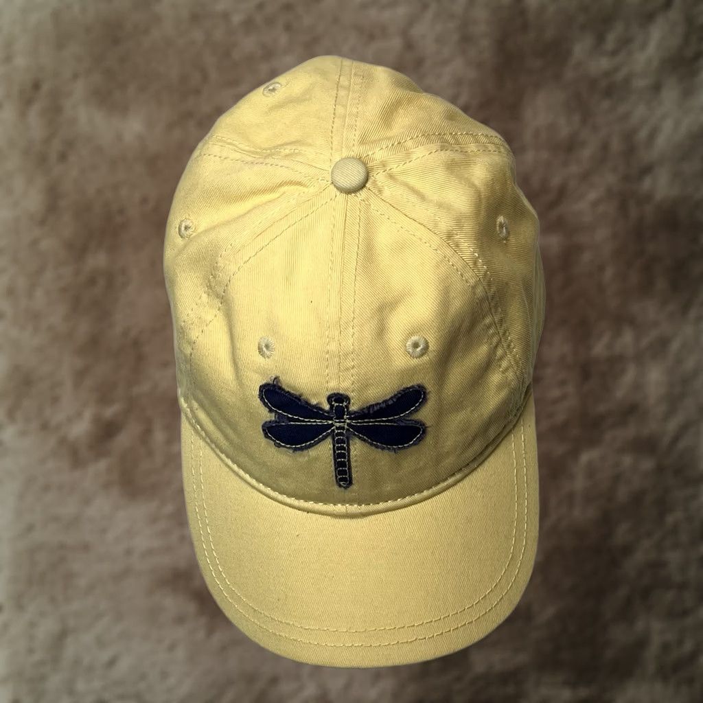 Vintage Kate Landry Beach Hat Yellow Blue Dragonfly Embroidered Adjustable Strap Women Size ONE SIZE - 1 Thumbnail
