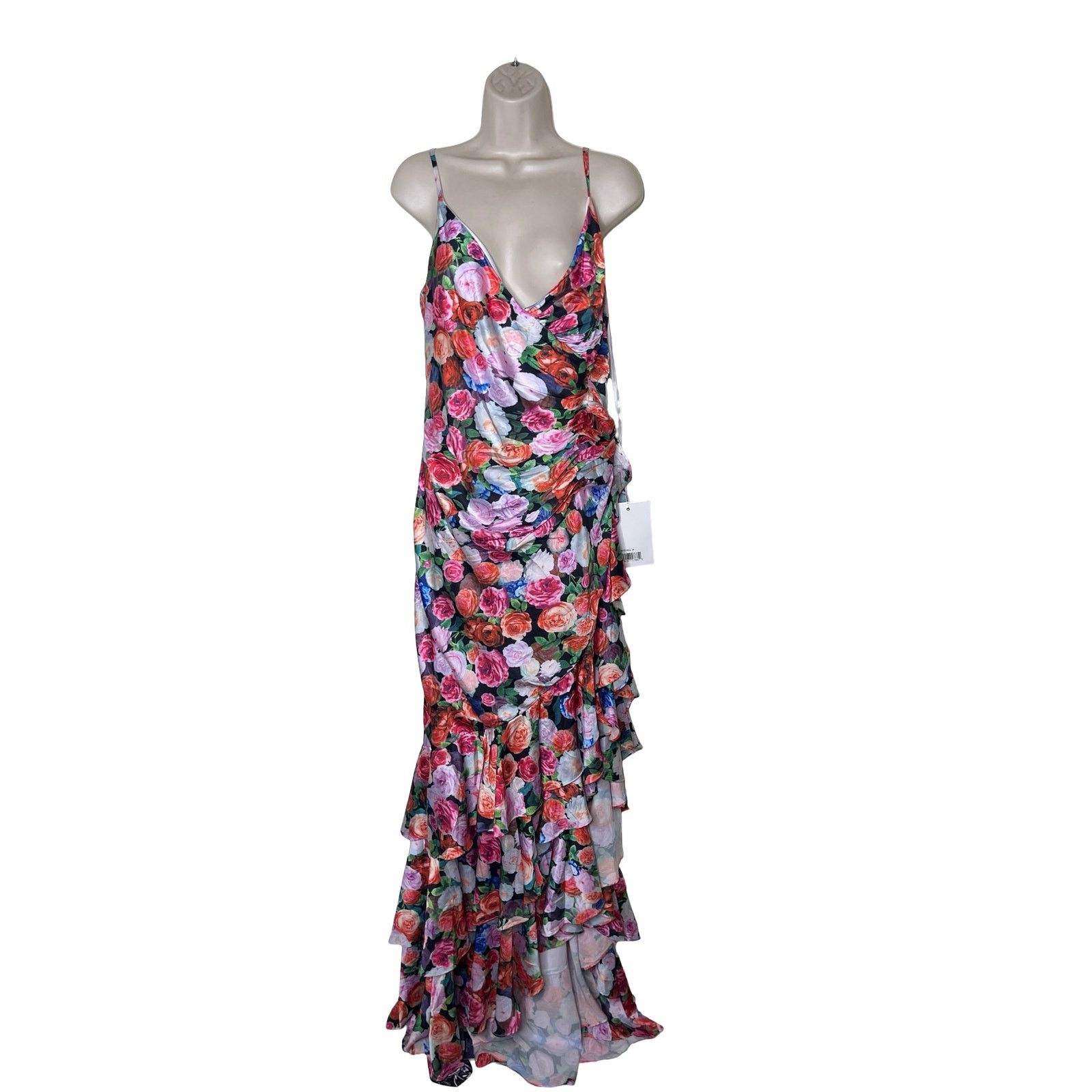 Mac Duggal Floral Print Asymmetrical Ruffle Hem Gown Multi