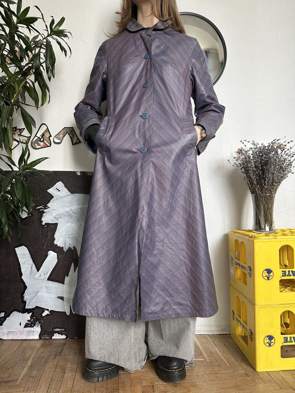 Japanese Brand × Vintage Striped Waterproof Rain Trench Hooded Coat 80s Size XS / US 0-2 / IT 36-38 - 1 Thumbnail