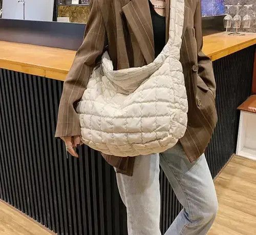 Vintage Quilted Puffer Cream Shoulder Tote Bag in Black, Men's