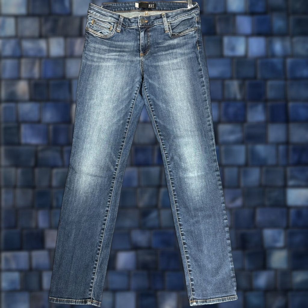 Vintage KUT from the Kloth Catherine Boyfriend Jeans Womens 6 Blue Cotton Blend 5-Pocket Stretch Pocket Zipper Regular Rise Mid Inseam 30" Vintage No Size 28" / US 6 / IT 42 - 1 Thumbnail