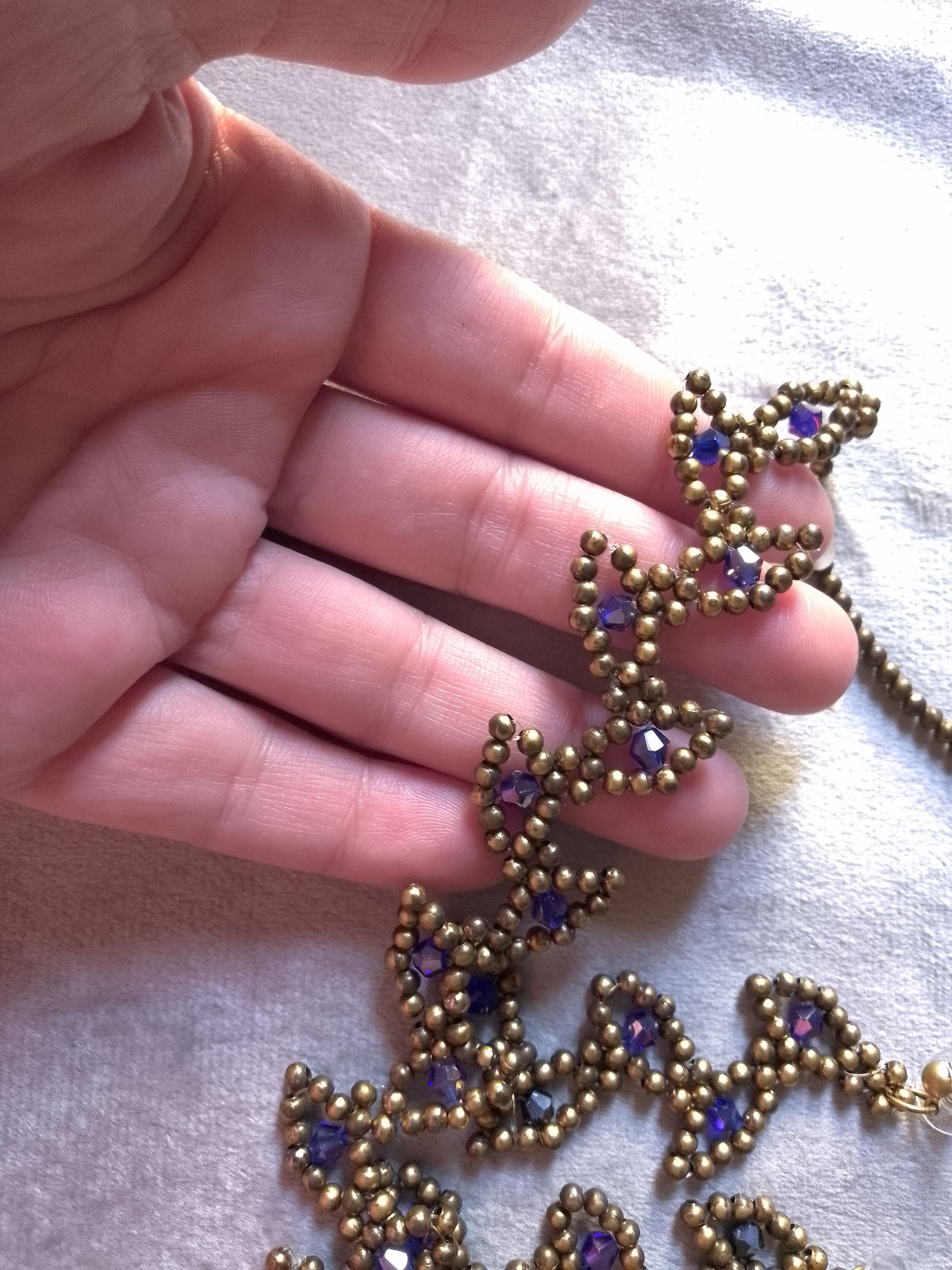Handmade Necklace Vintage Earrings Leafy Brass Blue Crystal Size ONE SIZE - 3 Thumbnail