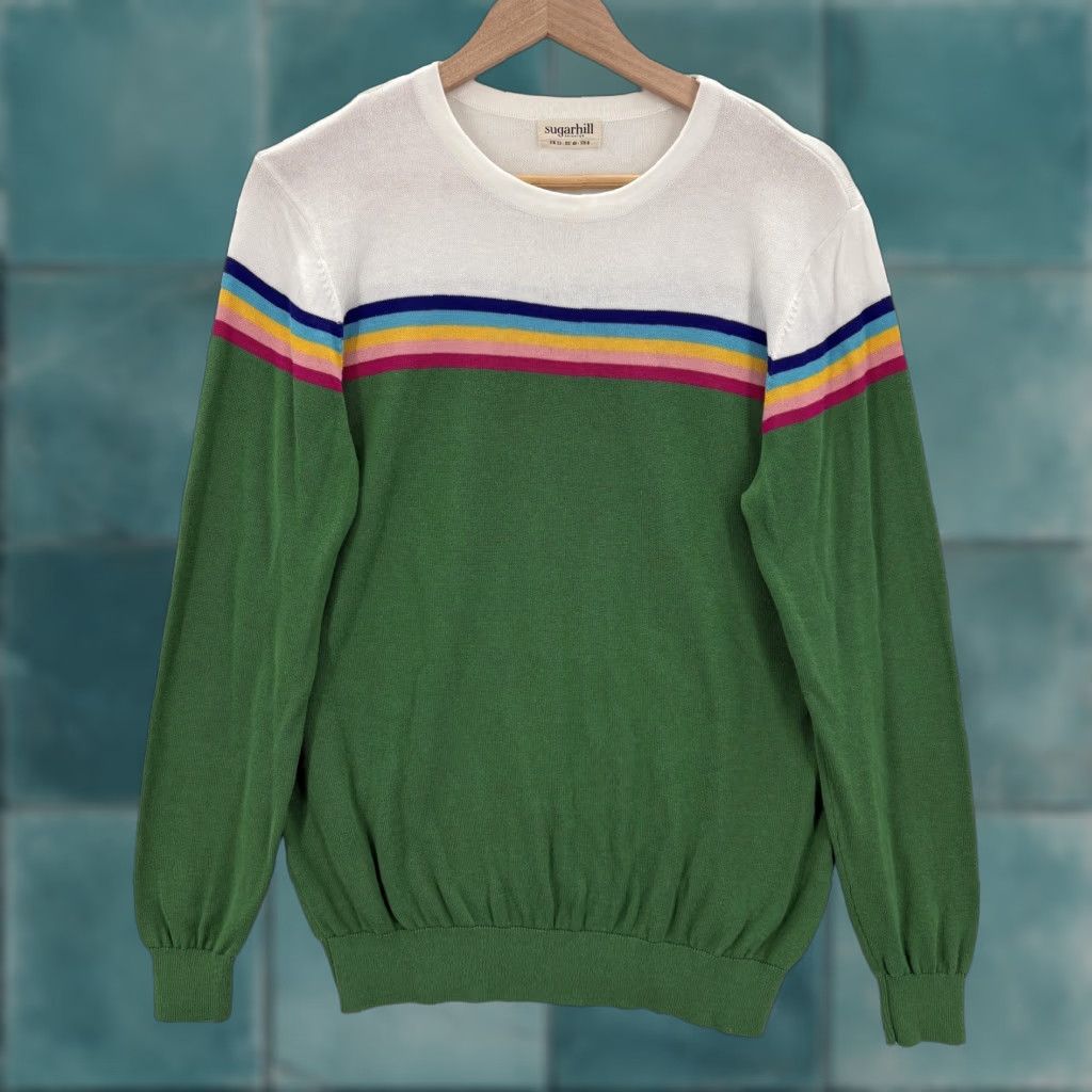 Vintage Sugarhill Brighton Sweater Womens 8 Green Rainbow Stripe Crew Neck Knit Jumper Size M / US 6-8 / IT 42-44 - 1 Thumbnail