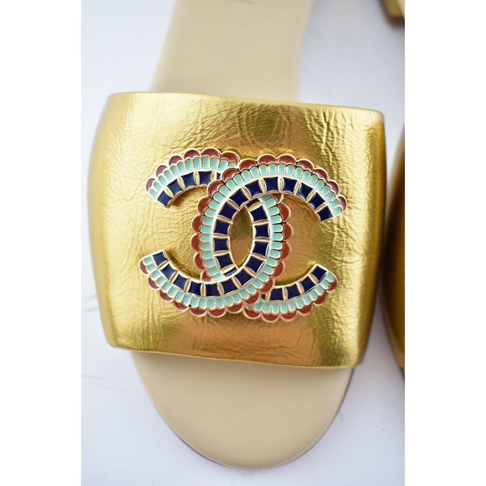 Chanel Chanel 19A Gold Laminated Lambskin CC Red Logo Slide Size US 6 / IT 36 - 7 Thumbnail