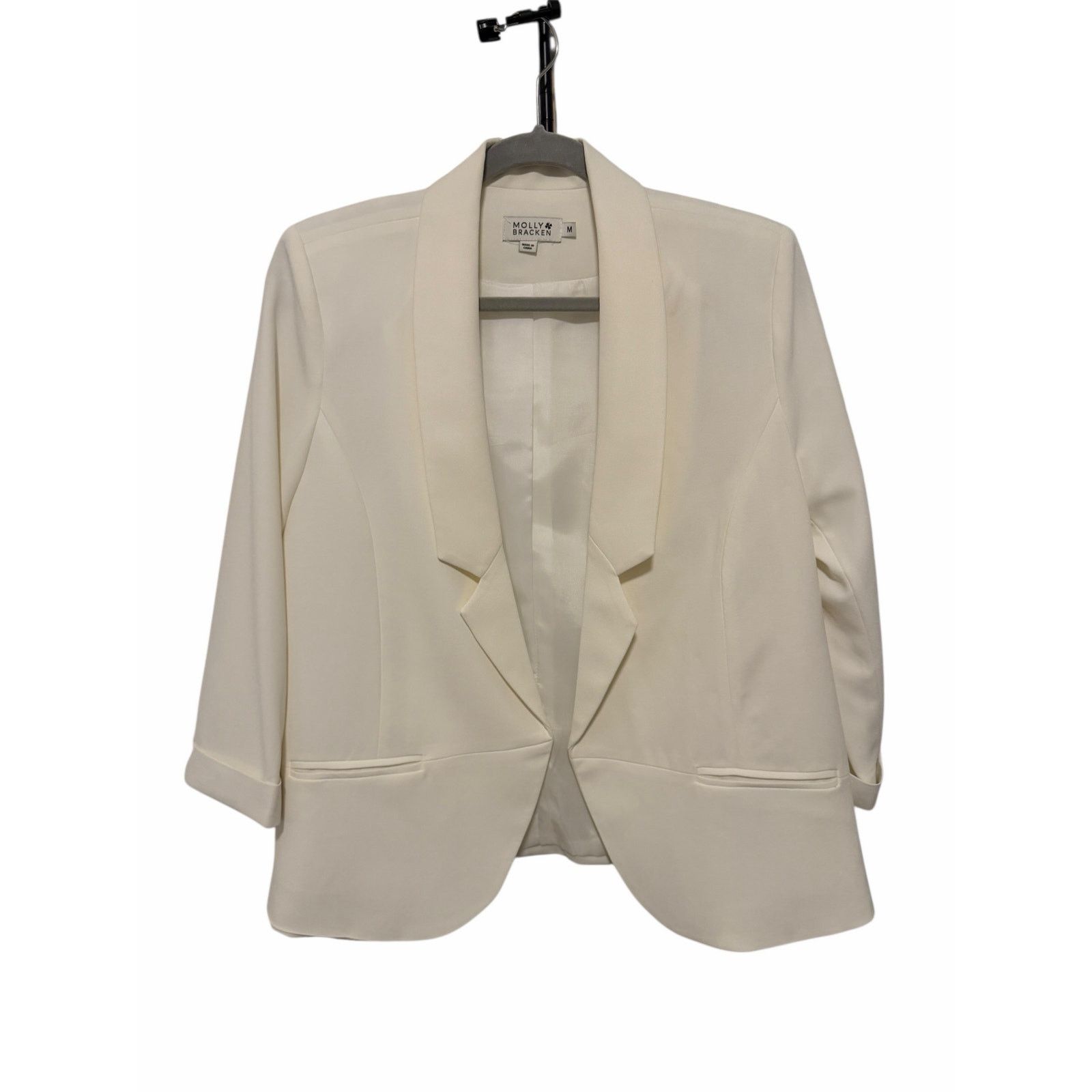 Other Molly Bracken White 3/4 Sleeve Faux Pocket Open Front Blazer Size M / US 6-8 / IT 42-44 - 2 Thumbnail