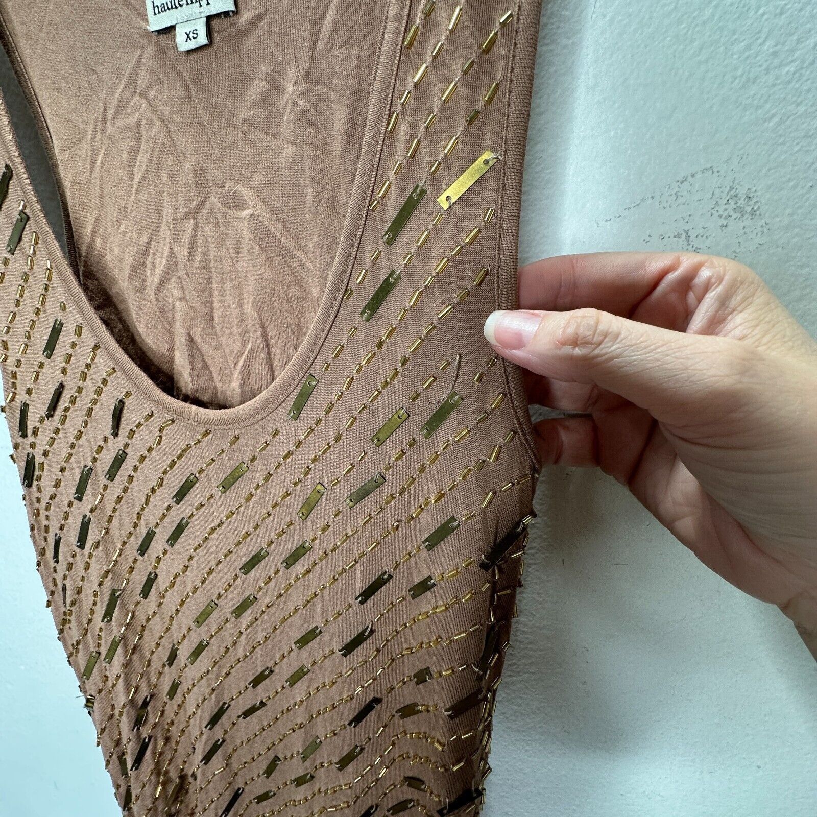 Haute Hippie Haute Hippie Brown Tank Mini Side Ruche Gold Bead Adornment Size XS / US 0-2 / IT 36-38 - 6 Thumbnail