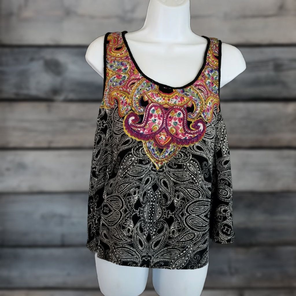 Pinko Angie Womens Sleeveless Top XS Black Paisley Scoop Neck Rayon Tank Blouse Womens XS Black Paisley Size XS / US 0-2 / IT 36-38 - 1 Thumbnail