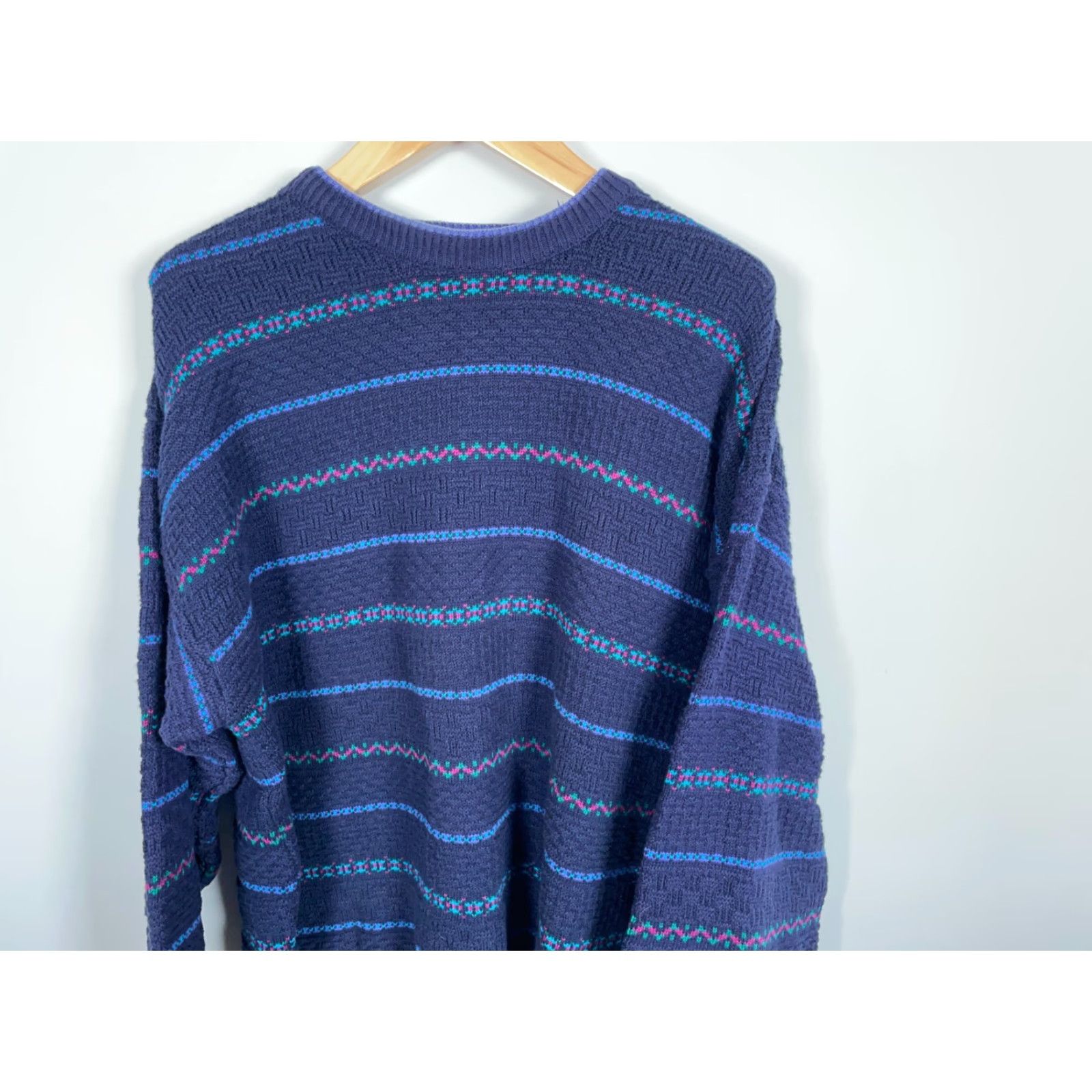 Vintage VINTAGE Isle of Cotton Men's XL Blue Striped Chunky-Knit Crewneck Sweater Size US XL / EU 56 / 4 - 4 Thumbnail