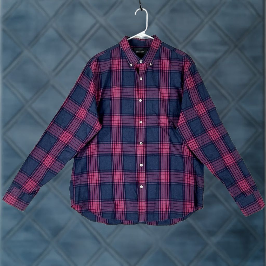 Bonobos Bonobos Button-Up Shirt Mens L Long Sleeve Pink Blue Plaid Top Size US L / EU 52-54 / 3 - 1 Thumbnail