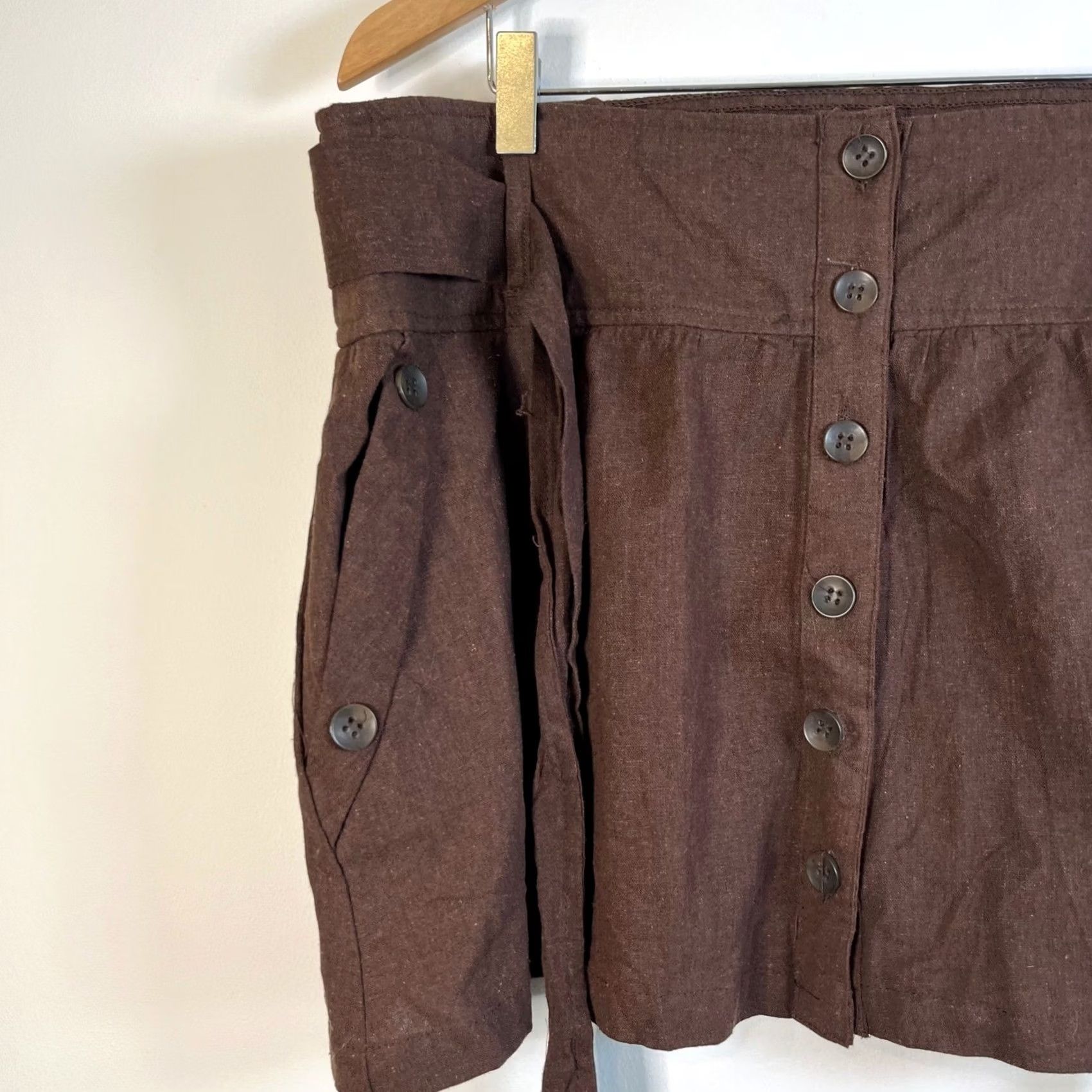 Vintage Discovery Clothing Skirt 2XL Brown Linen Button Front Tie Waist Short Pockets 100% Linen Knit Solid Mini Women's Skirt Size 40" / US 18 - 2 Thumbnail