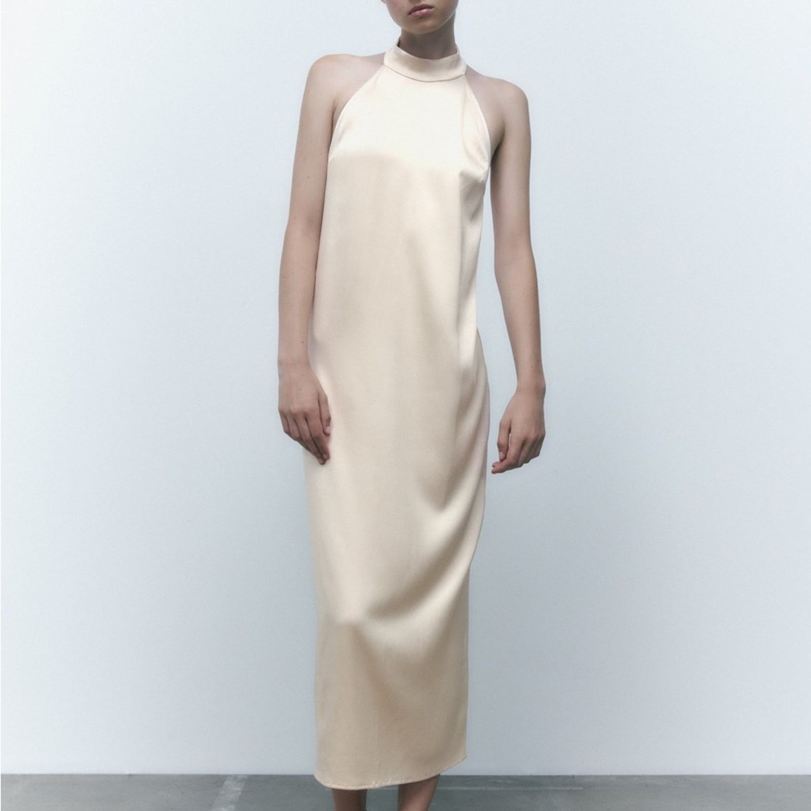 ZARA SATIN EFFECT HALTER DRESS ECRU