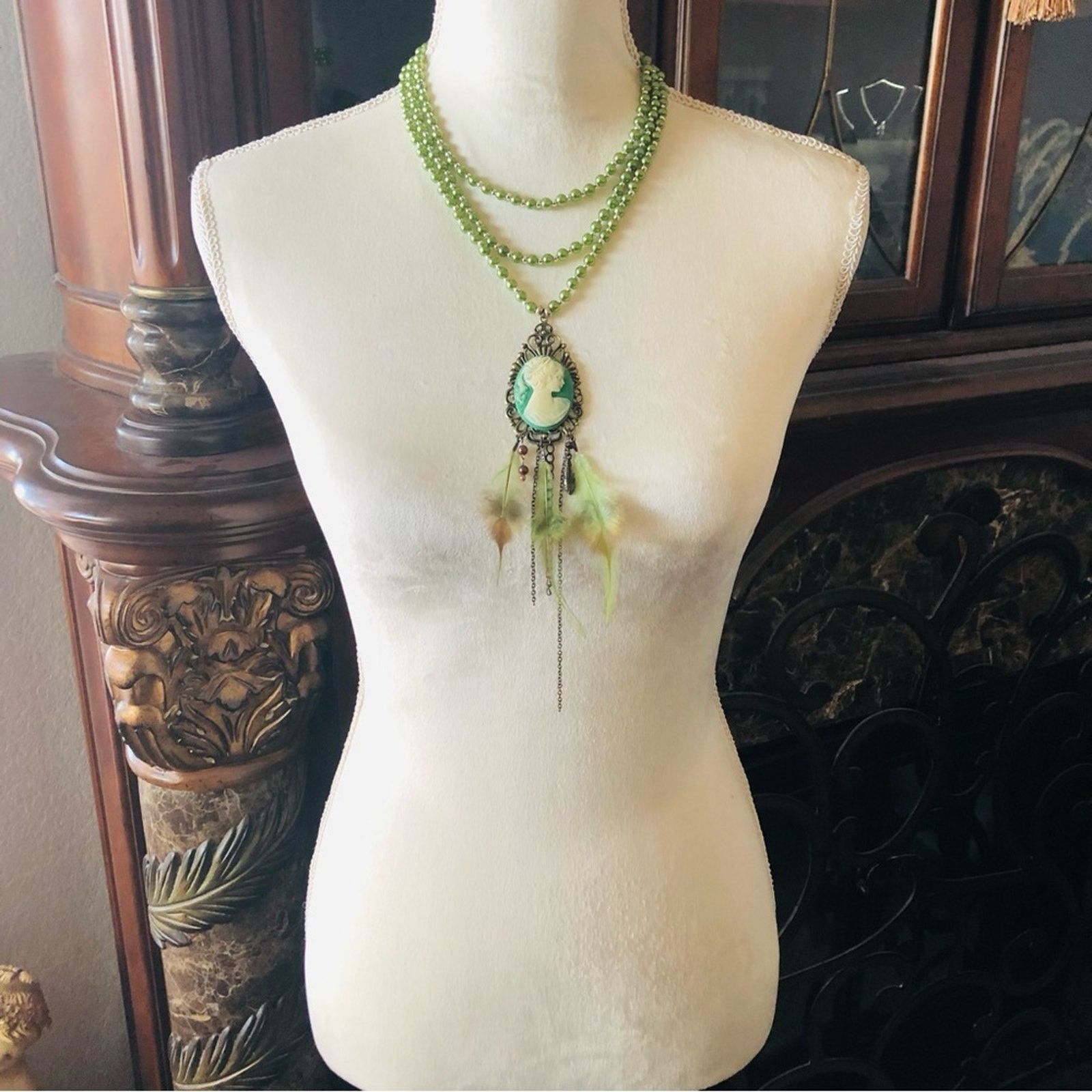 Handmade Handcrafted filigree green cameo genuine malachite necklac Size ONE SIZE - 4 Thumbnail