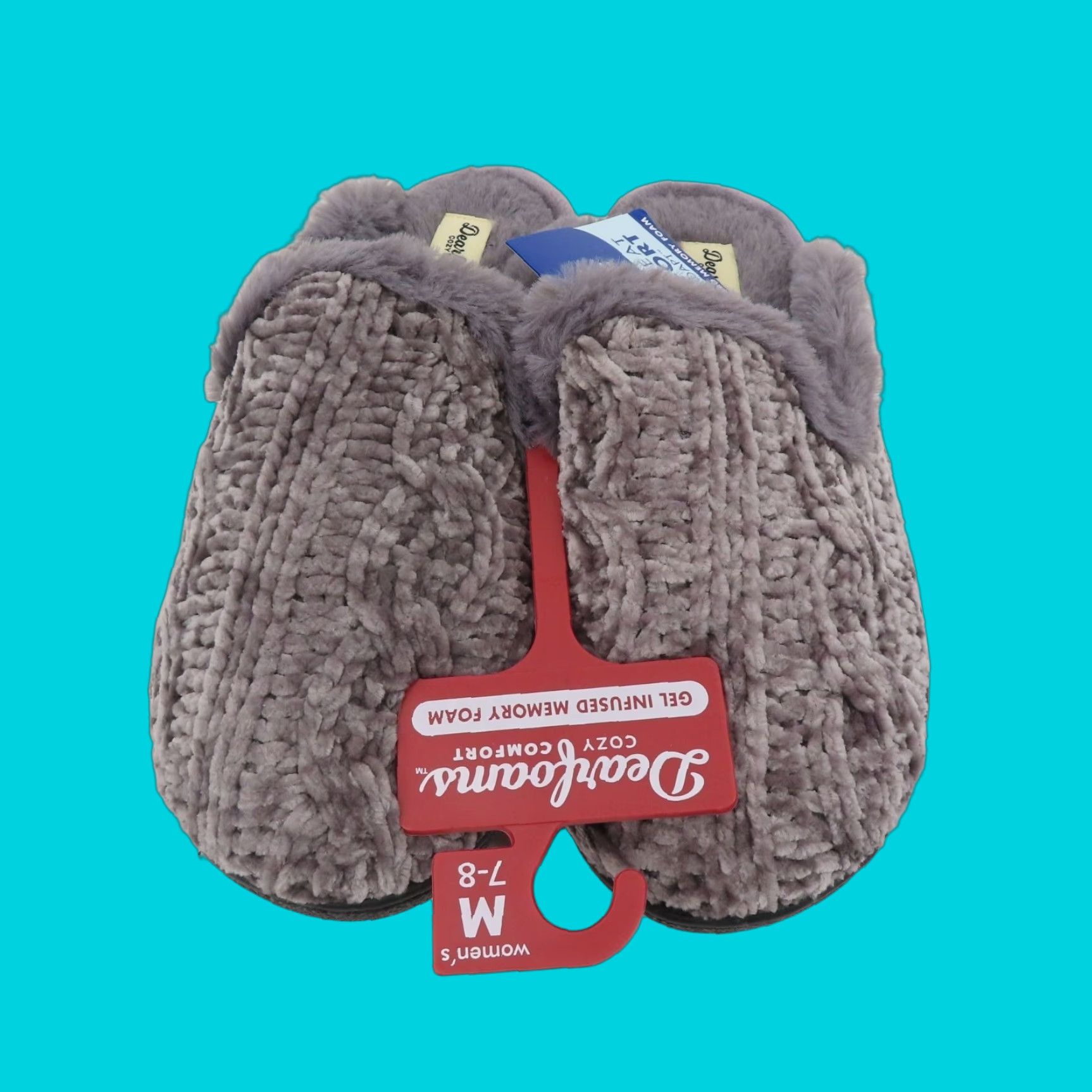 Vintage Dearfoams Women Slipper 7-8 Grey Chenille Cable Knit Faux Fur Slide NEW Size US 7 / IT 37 - 1 Thumbnail