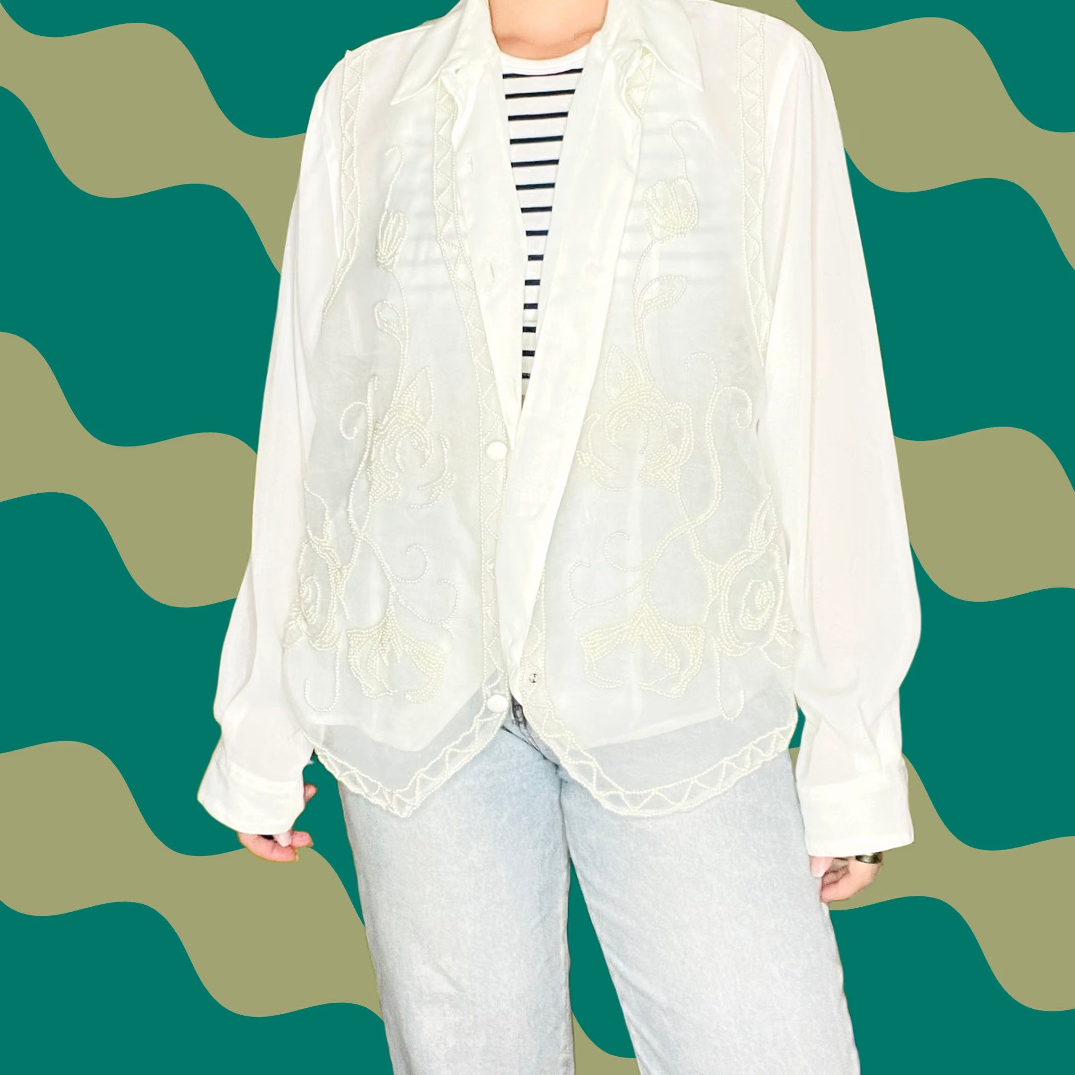 Vintage VINTAGE Ivory Beaded Floral Sheer Button Down Blouse Women M White Size M / US 6-8 / IT 42-44 - 1 Thumbnail