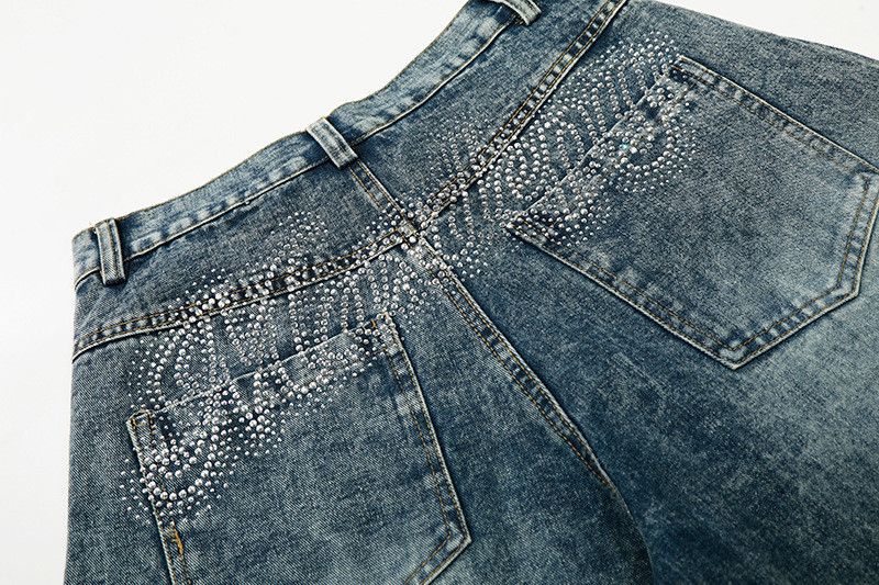 Jean American hot-stamped rhinestone letter washed curved jeans Size US 32 / EU 48 - 5 Thumbnail