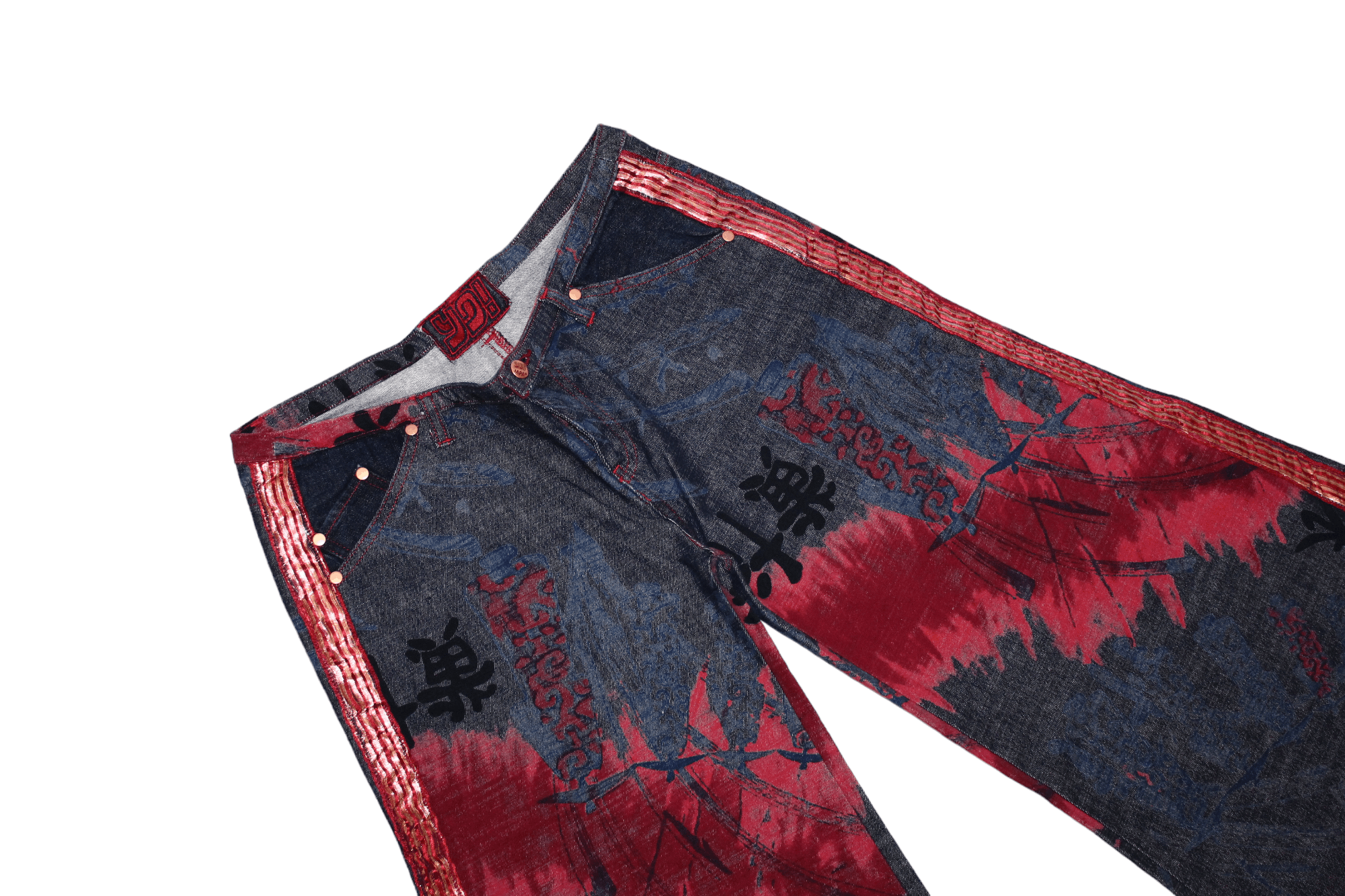 If Six Was Nine 💥YO! Japan Artwork Gold Taped Trim Crazy Flared Rap Jeans Size US 32 / EU 48 - 3 Thumbnail