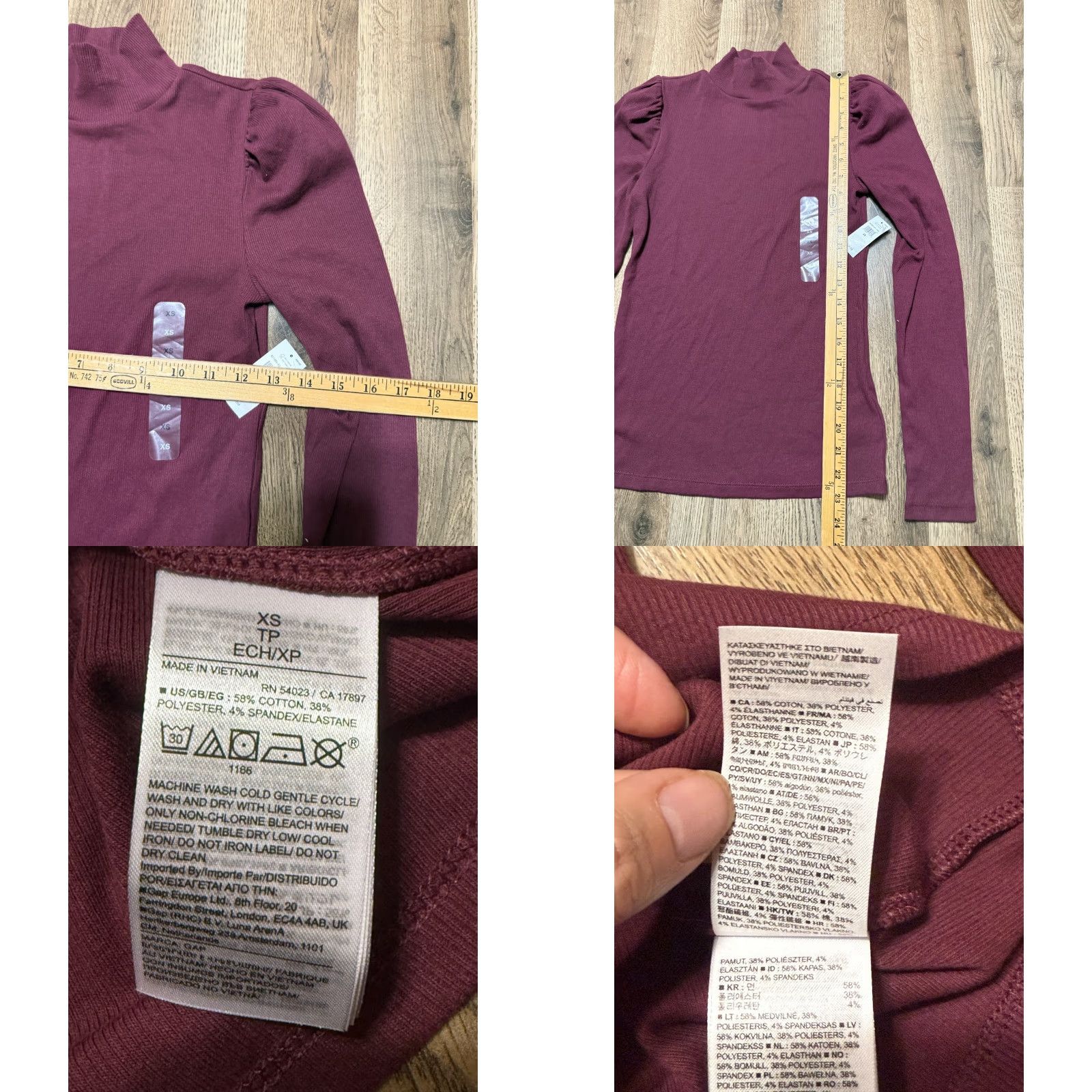 Gap GAP Shirt, Women’s XS, Red Burgundy, Long Sleeve, Mock Neck, Puff Sleeve, NWT, T-Shirt Size XS / US 0-2 / IT 36-38 - 8 Thumbnail