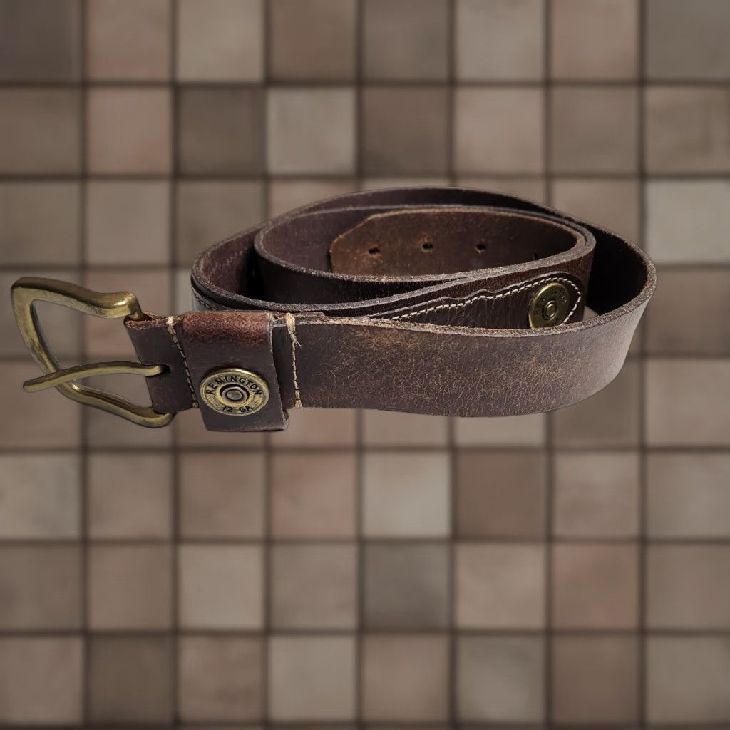 Vintage VINTAGE Remington Belt Mens Leather Brown 12 GA Western Buckle Adjustable 50 52 3X Brass Hardware Size ONE SIZE - 1 Thumbnail