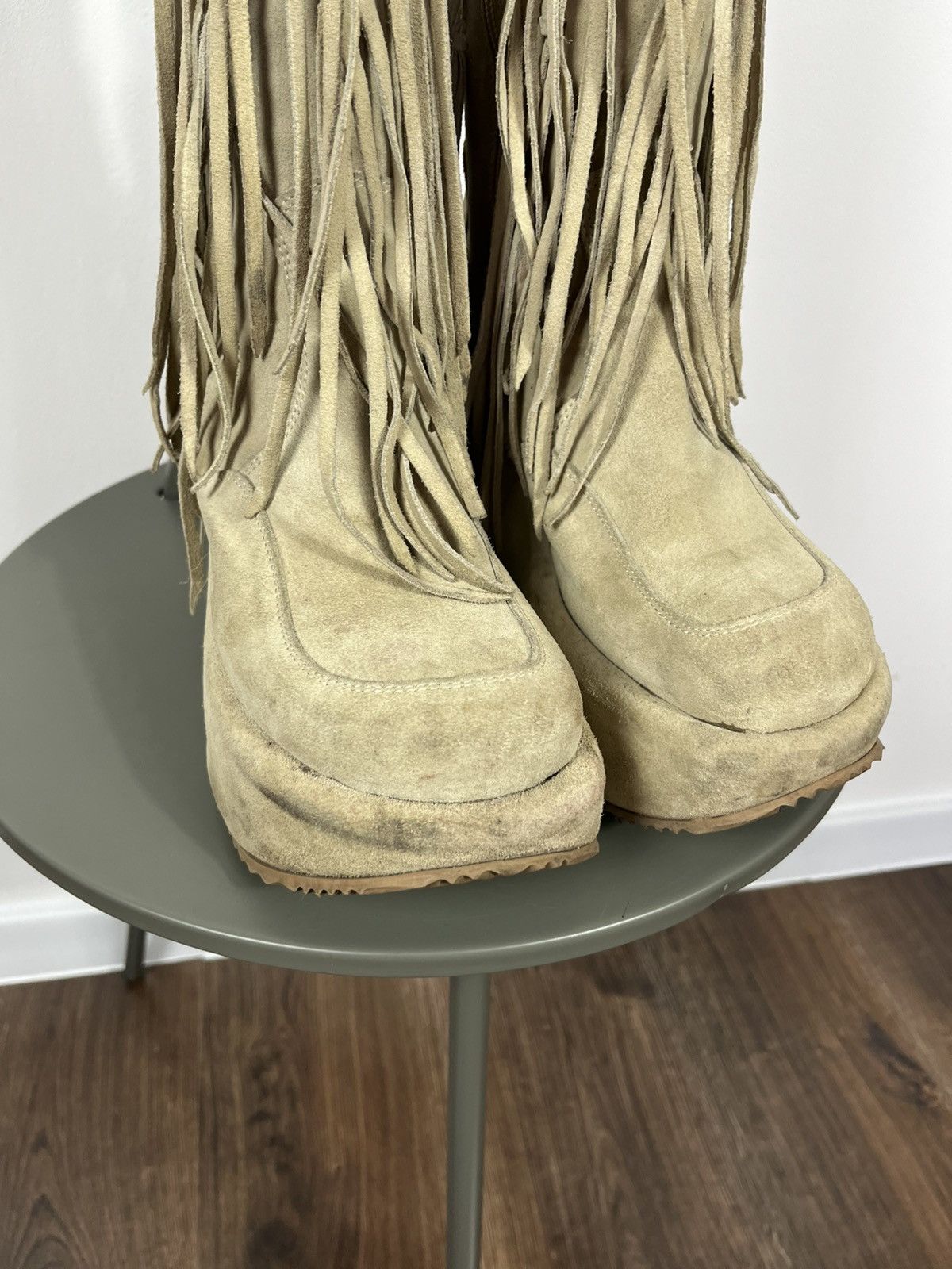 Vintage Beige Suede Fringe Platform Boots with Dangling Details Zip Size US 10 / IT 40 - 6 Thumbnail