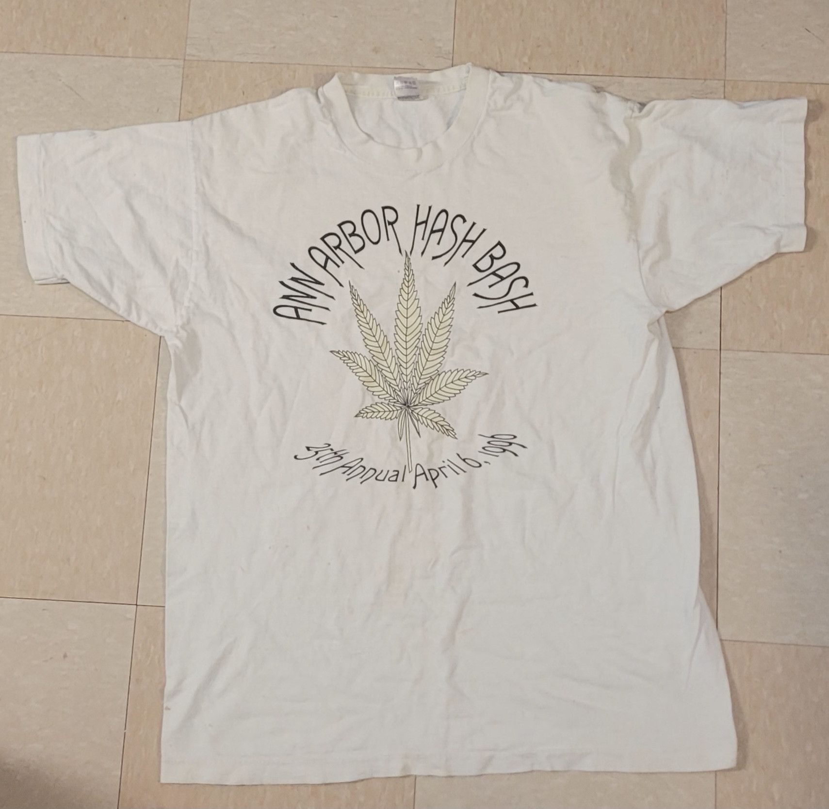 image of Vintage 25Th Anniversary Ann Arbor Hash Bash 1996 Pot-Shirt in Cream, Men's (Size XL)