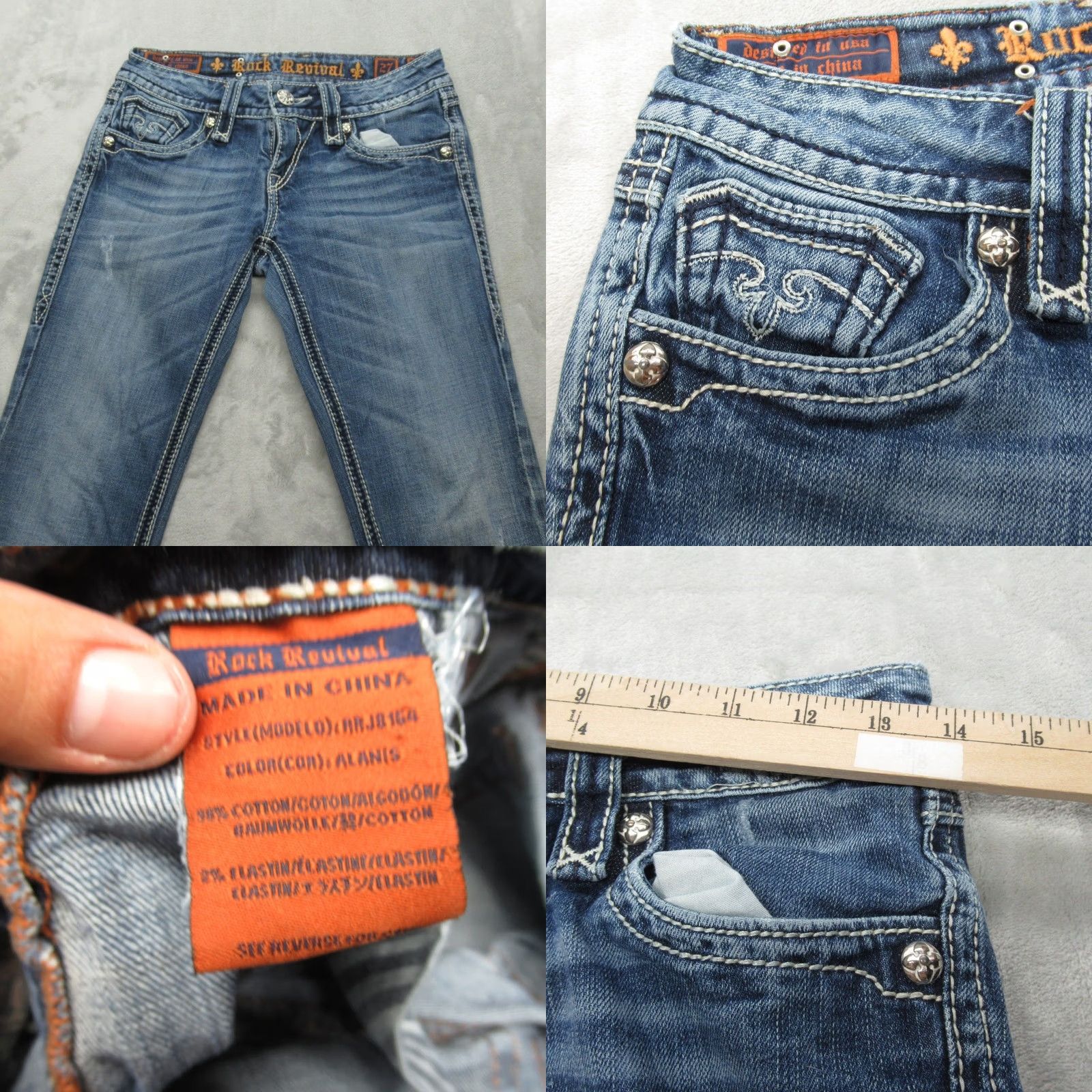 Vintage Rock Revival Jeans Womens 27 Medium Wash Denim Alanis Boot Cut Embellished 27x32 Size 27" / US 4 / IT 40 - 8 Thumbnail