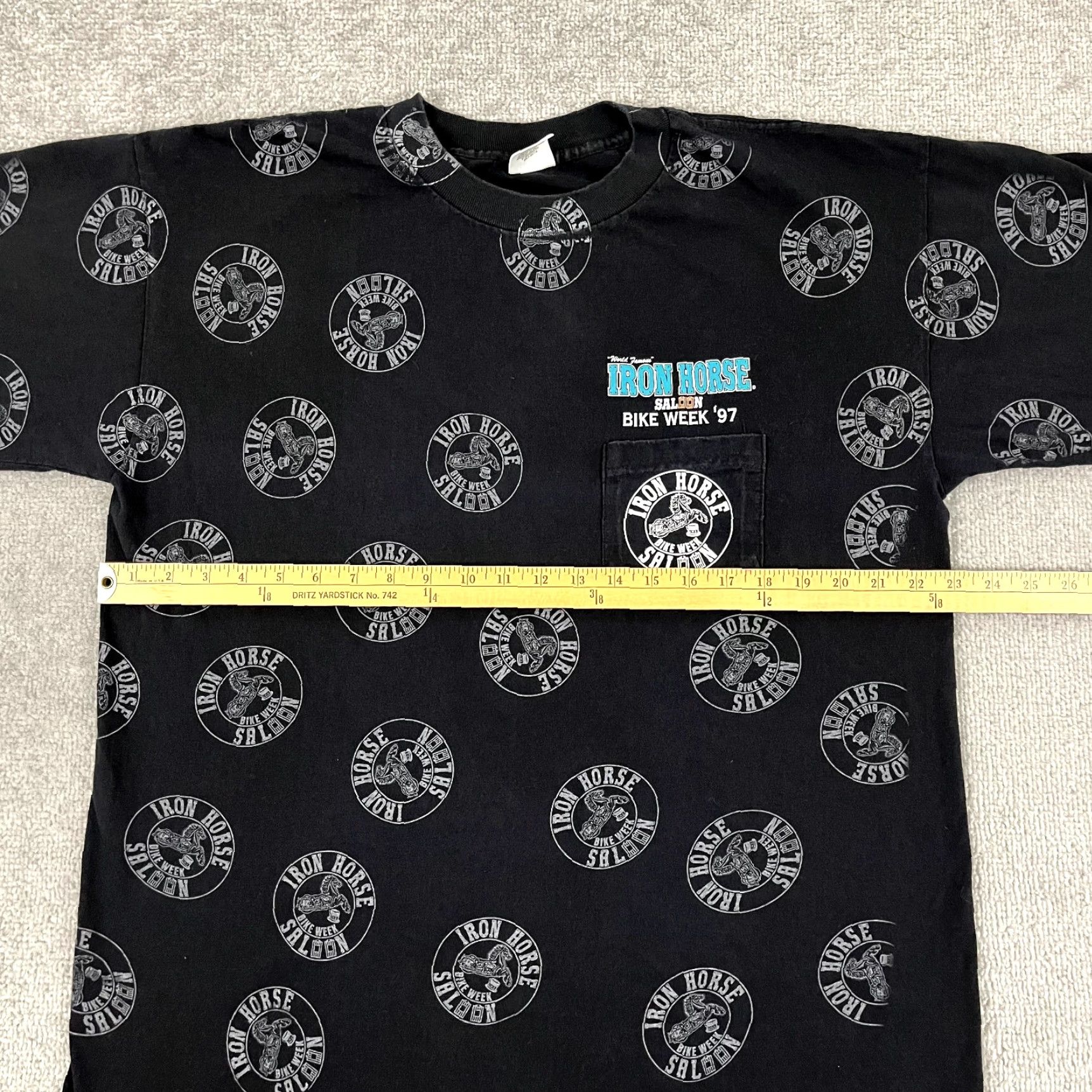 Gloverall VINTAGE IRON HORSE SALOON Shirt Mens XL AOP All Over Graphic Tee Bike Week 1997 Mens XL Black Cotton 90s Biker Retro Size US XL / EU 56 / 4 - 6 Thumbnail