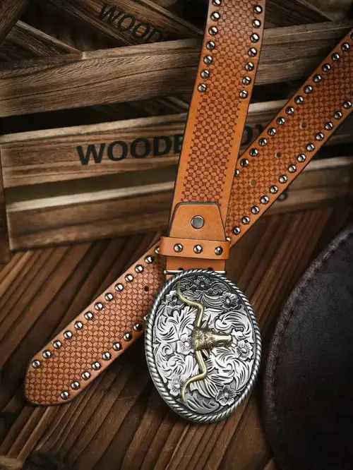Other Bull Head Skull Western Denim Belt Brown Size ONE SIZE - 2 Thumbnail