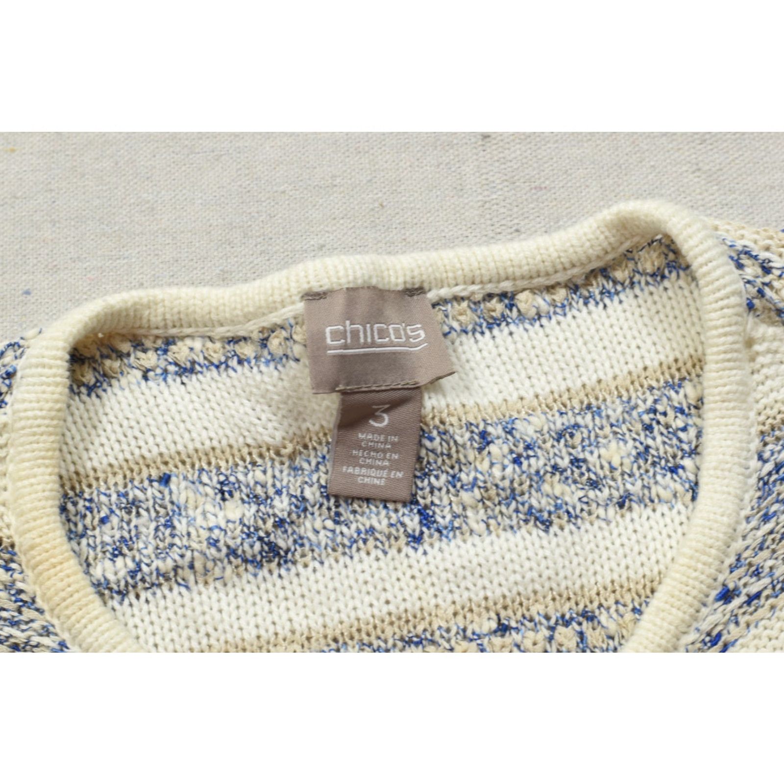 Vintage Chico's Cardigan Women Open Front Fringe Trim Striped Knit Blue Cream Size 3 Sweater - Regular Fit, Crew Neck, Long Sleeve Size XS / US 0-2 / IT 36-38 - 8 Thumbnail