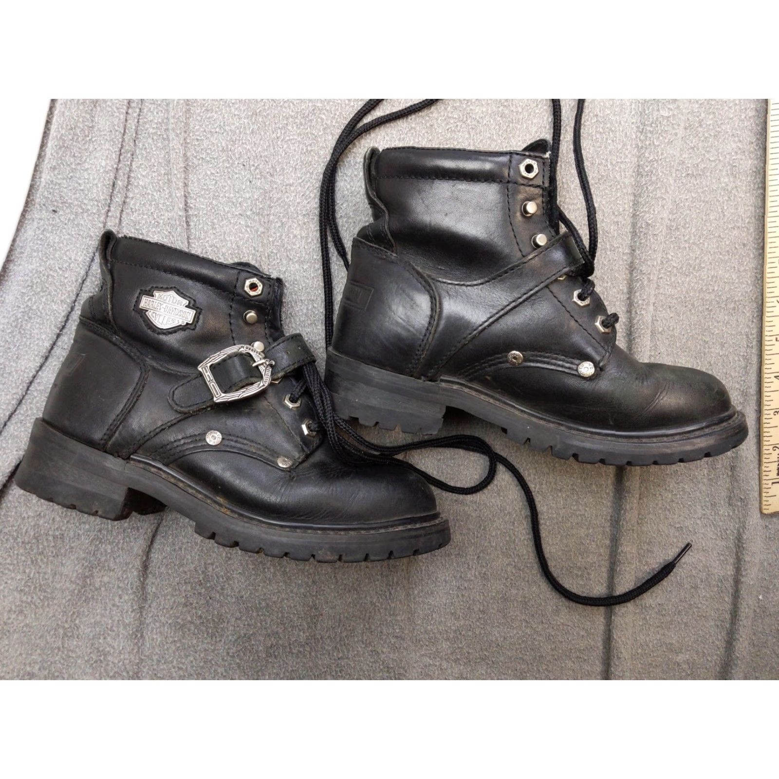 Harley Davidson Harley-Davidson Boots Womens 6.5 Black Leather Ankle Strap Motorcycle Biker Winter Lug Outsole Buckle Lace Up Size US 7 / IT 37 - 3 Thumbnail