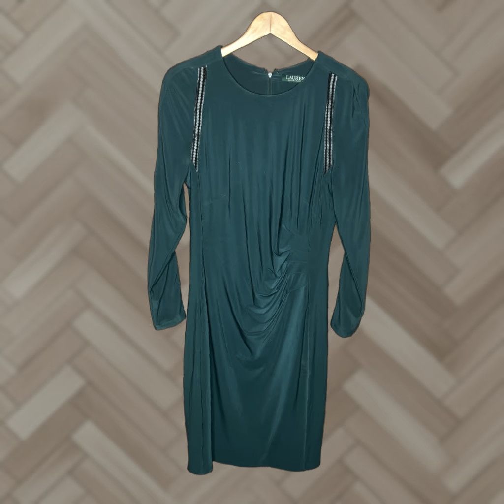 Ralph Lauren VINTAGE Lauren Ralph Lauren Midi Dress Women's 14 Green Lace Trim Sheath 3/4 Sleeve Lined Size XL / US 12-14 / IT 48-50 - 1 Thumbnail