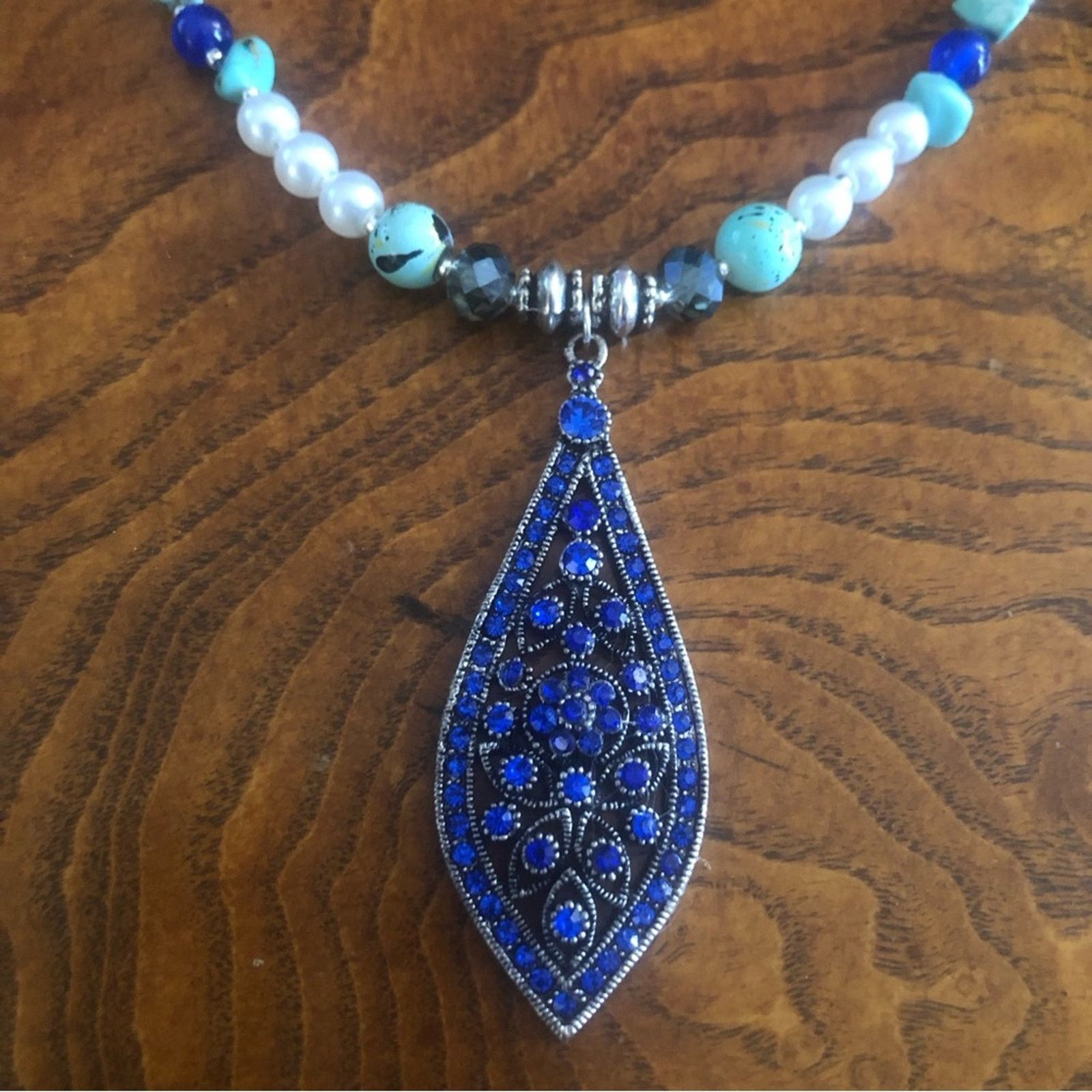 Handmade Handcrafted royal blue raindrop pendant Pearl stone necklace Size ONE SIZE - 8 Thumbnail