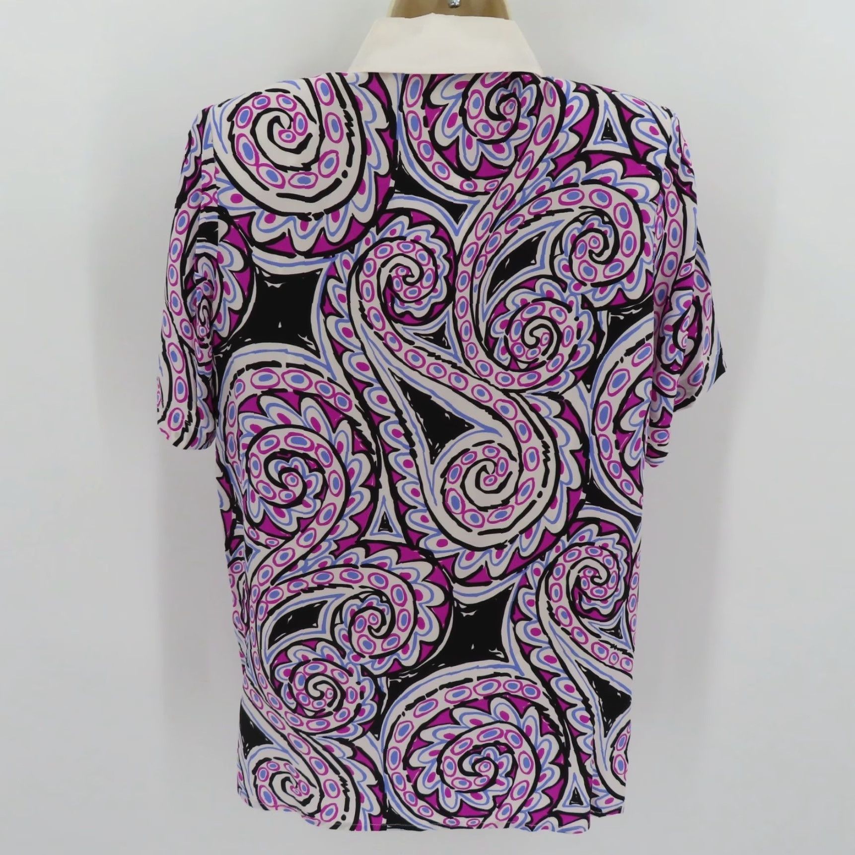 VINTAGE Bob Mackie Womens XS Purple Black White Paisley Scroll Collar Shirt All Silk NEW