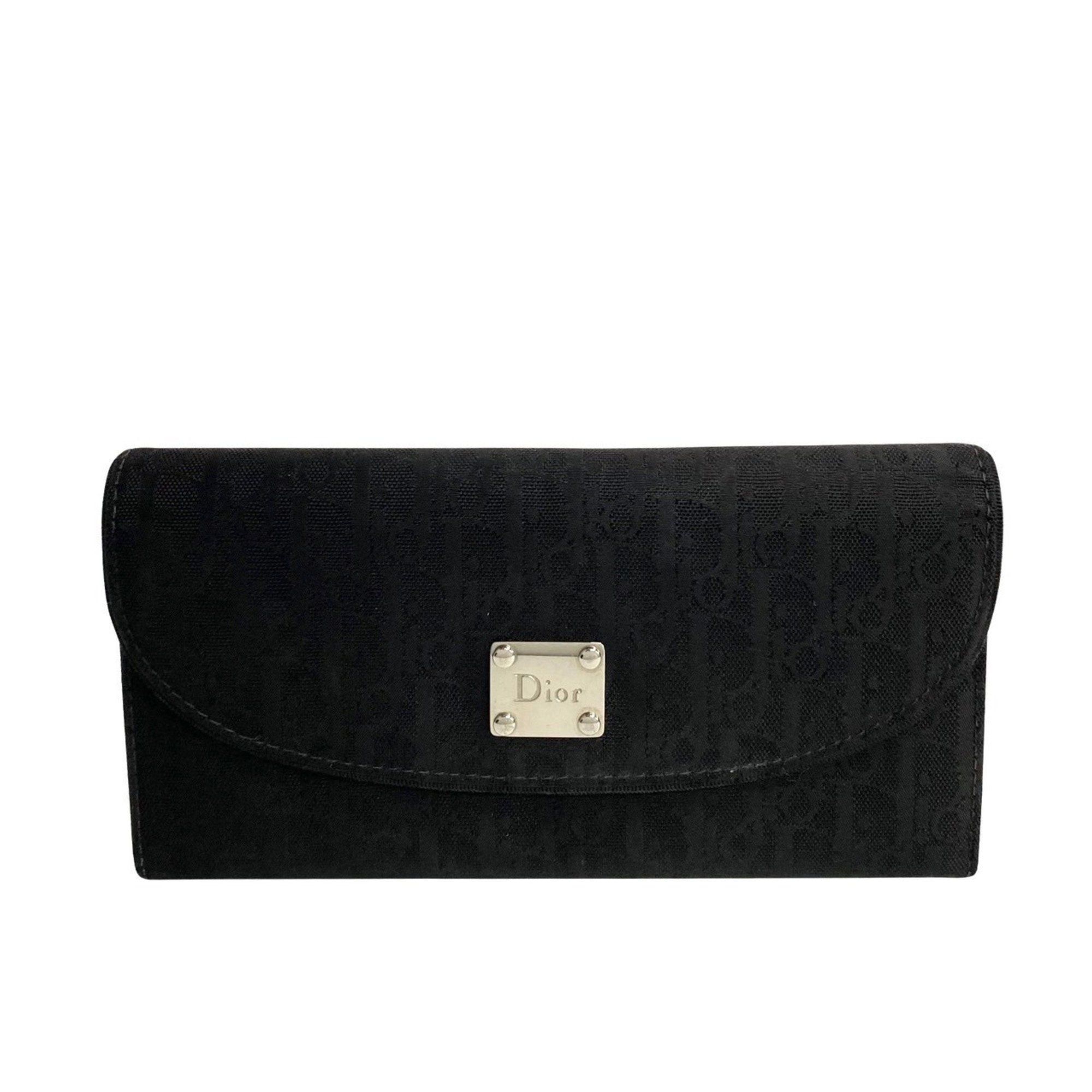 image of Christian Dior Trotter Metal Fittings Leather Canvas Bi-Fold Long Wallet Black 70625, Women's