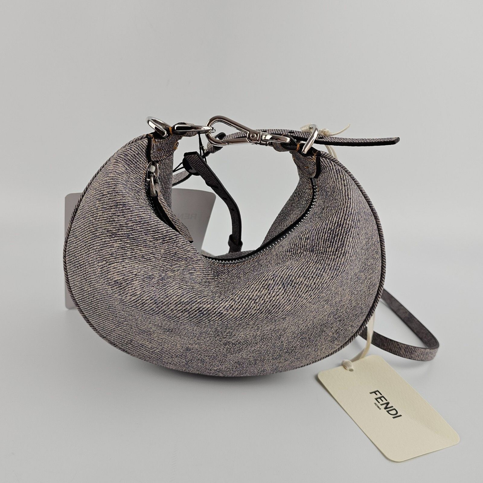 FENDI Fendigraphy Mini $2400 Gray Leather Denim Top Handle B