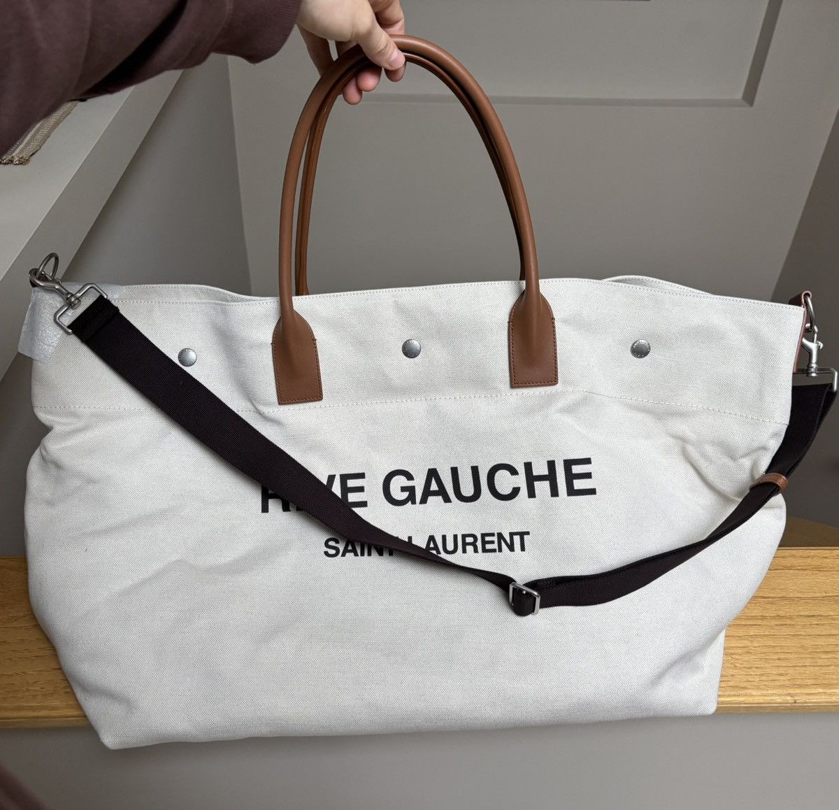 Saint Laurent Paris Saint Laurent Cream/Brown Leather Rive Gauche XL Tote Bag Size ONE SIZE - 7 Thumbnail