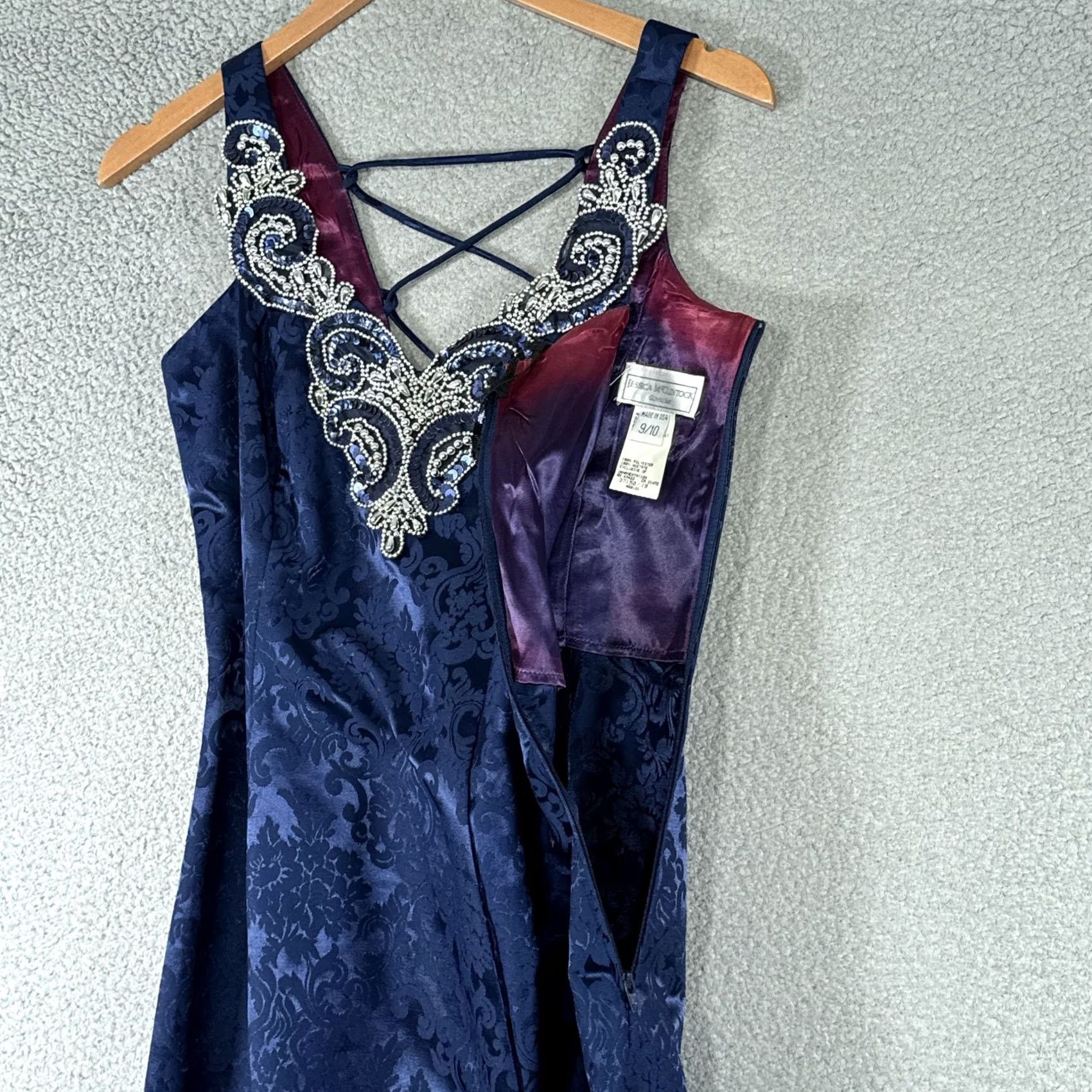 Jessica McClintock VINTAGE Jessica McClintock Dress Womens 9/10 Blue Jacquard Beaded Prom Gown Maxi Damask Sequin Formal Evening 90s Mens? Size L / US 10 / IT 46 - 5 Thumbnail