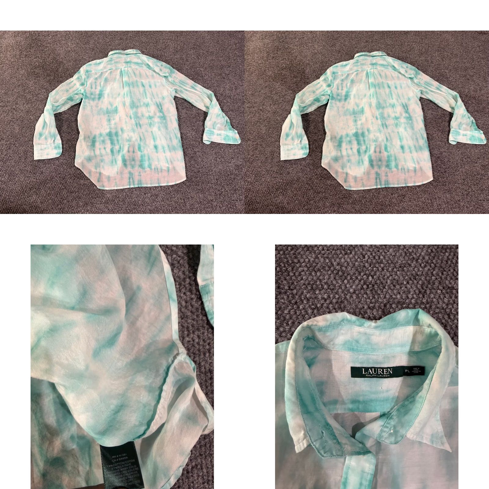 Ralph Lauren Lauren Ralph Lauren Blouse Womens Petite Large Green White Sheer Button Up Silk Cotton Knit Casual Shirt Size L / US 10 / IT 46 - 8 Thumbnail