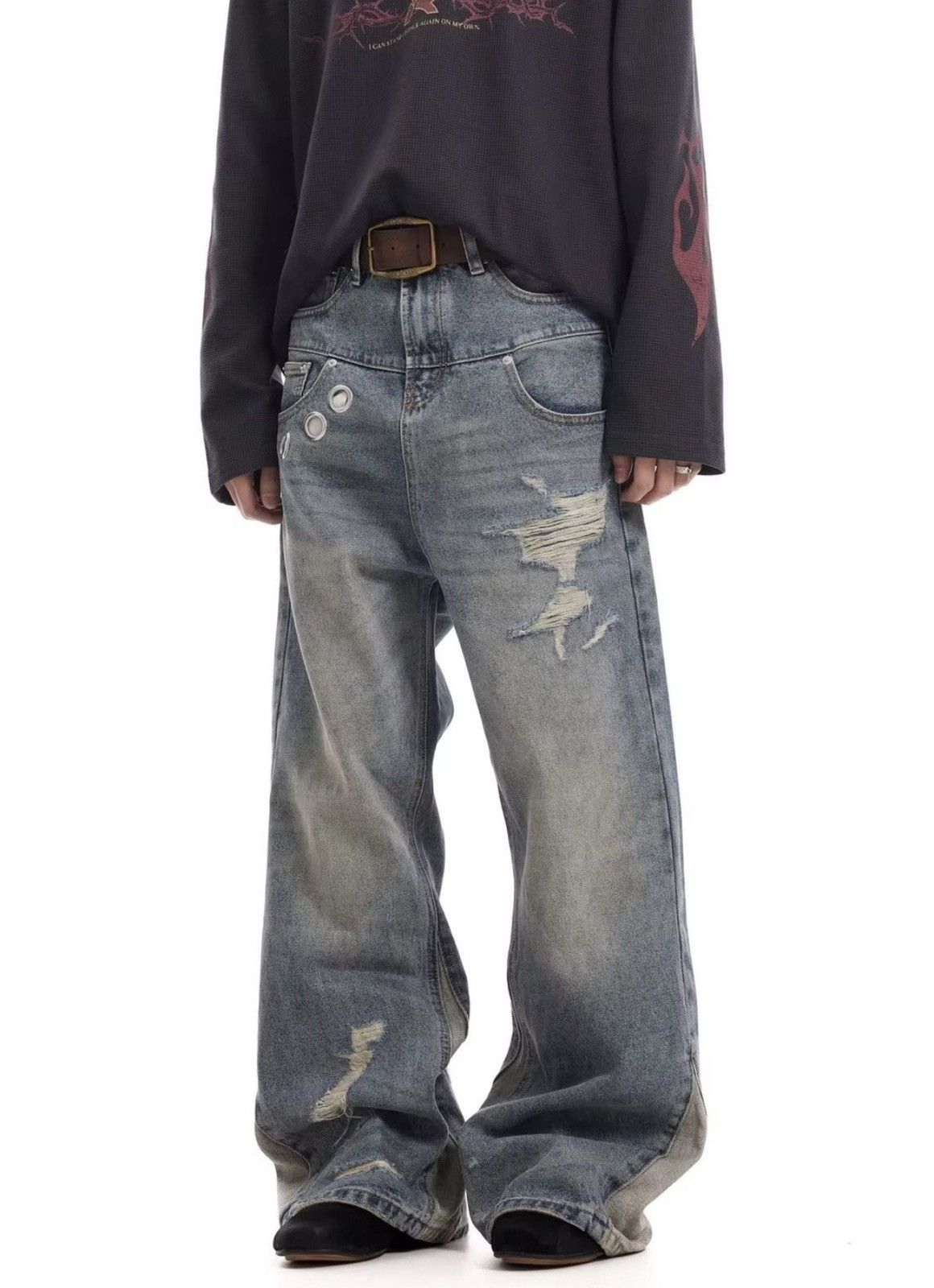 Jean Vintage Washed Distressed Splicing Flared Jeans Size US 30 / EU 46 - 3 Thumbnail