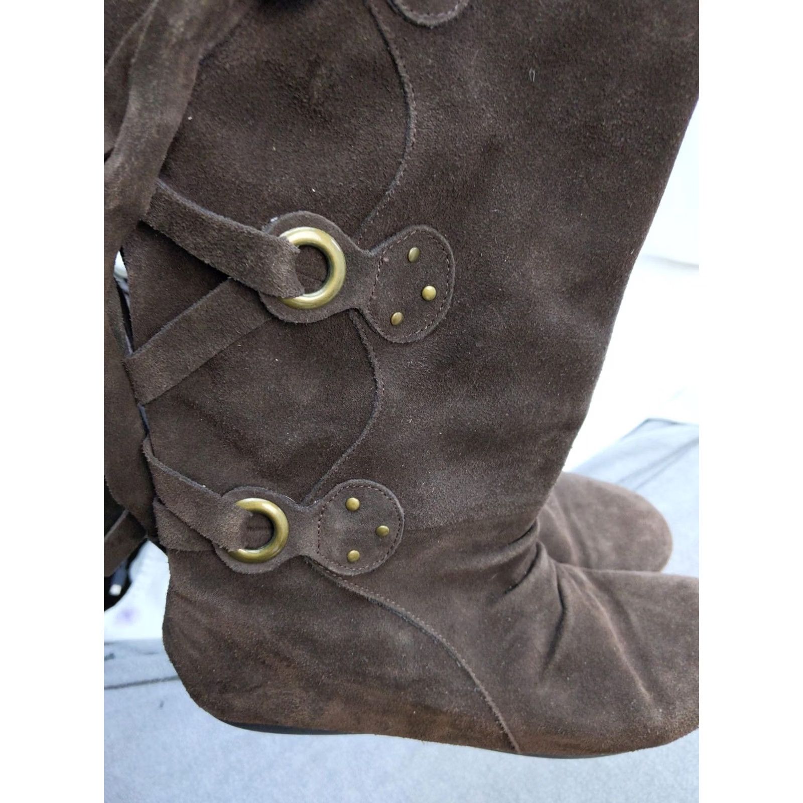 Vintage White Mountain Feather Boots Womens 8.5 Brown Suede Mid-Calf Wrap Straps Slip-On Casual Fall Size US 9 / IT 39 - 4 Thumbnail