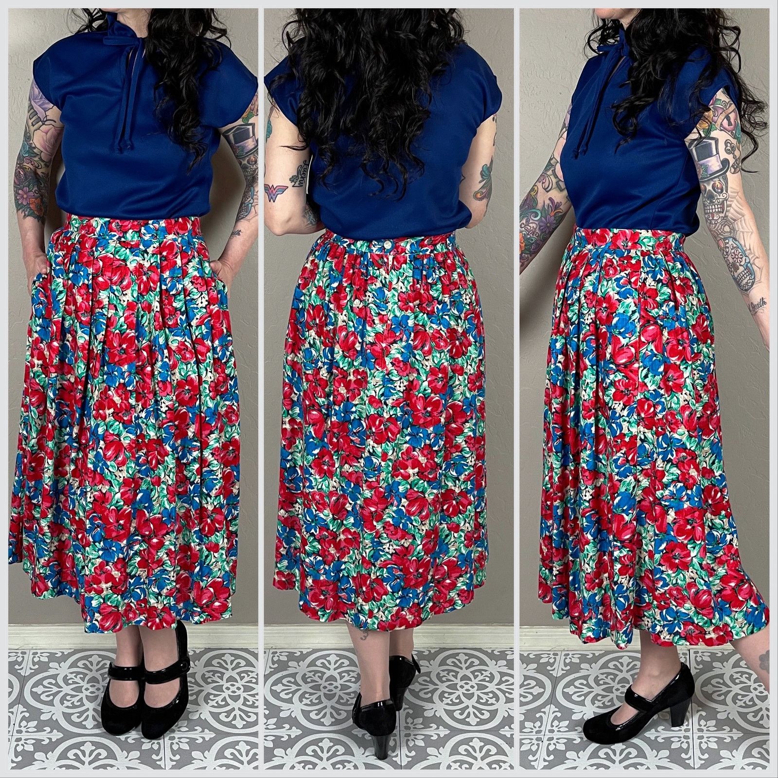 Vintage Vintage 1970s Floral Print Pleated Midi Mom Skirt Size 30" / US 8 / IT 44 - 2 Thumbnail