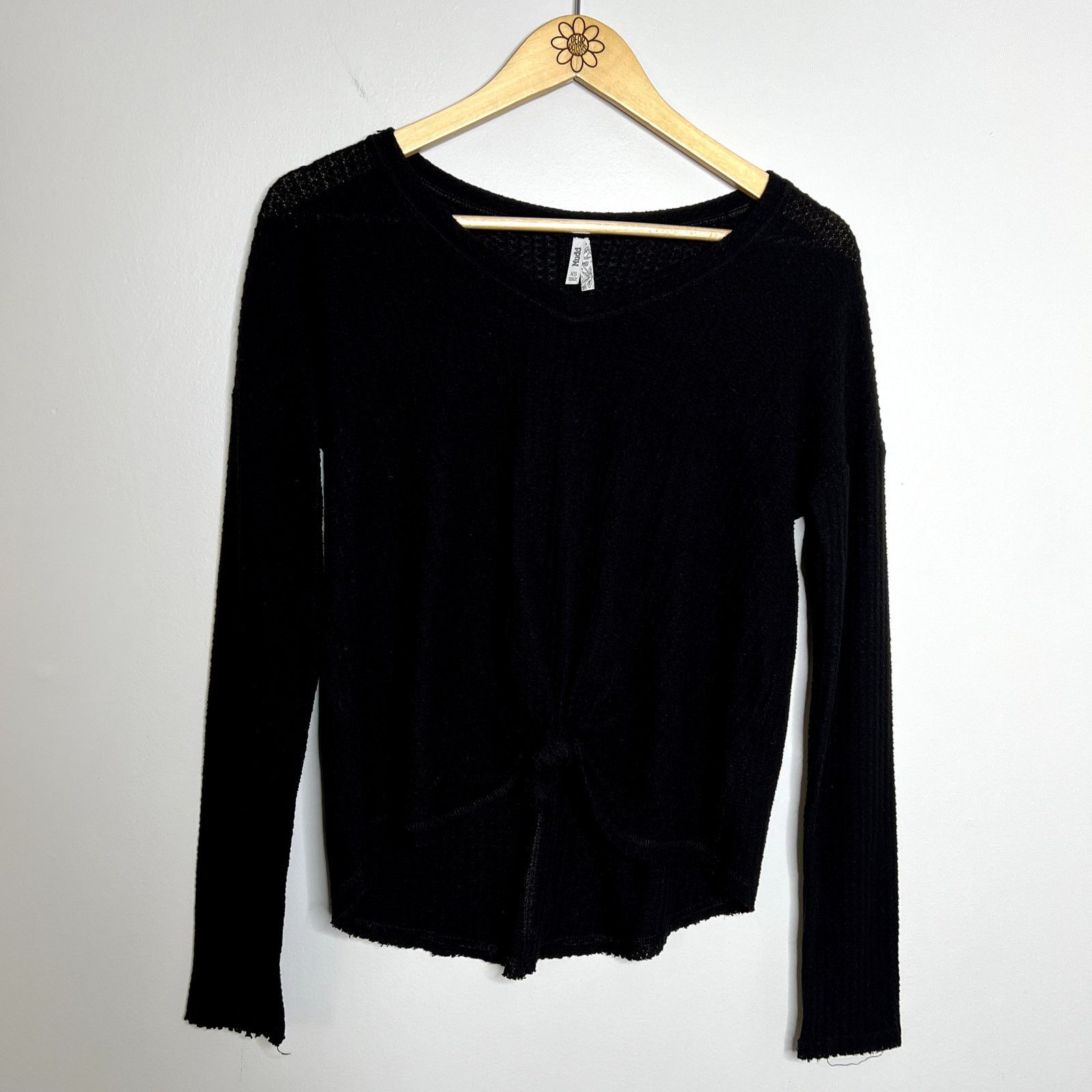 Other Mudd Black Waffle Knit Tie Long Sleeve Top Size XS / US 0-2 / IT 36-38 - 4 Thumbnail