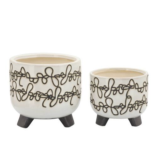 Designer × Homemade S/2 CERAMIC 6/8" SCRIBBLE FOOTED PLANTER, BEIGE Size US L / EU 52-54 / 3 - 2 Thumbnail