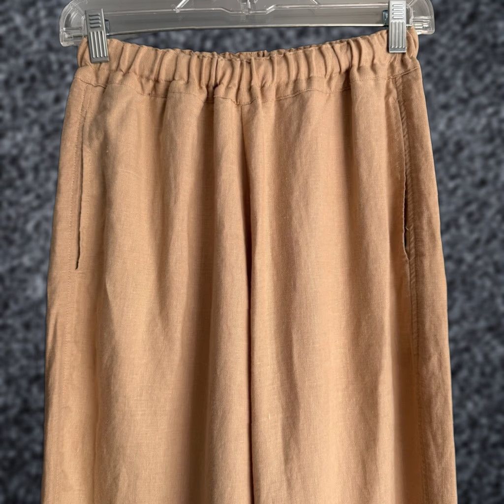 Dazed But Amazed French Linen Drop Crotch Mix Pants Tan Hazelnut Size S Women's Elastic Waist Inseam 24.5” Side Pockets 100% French Linen