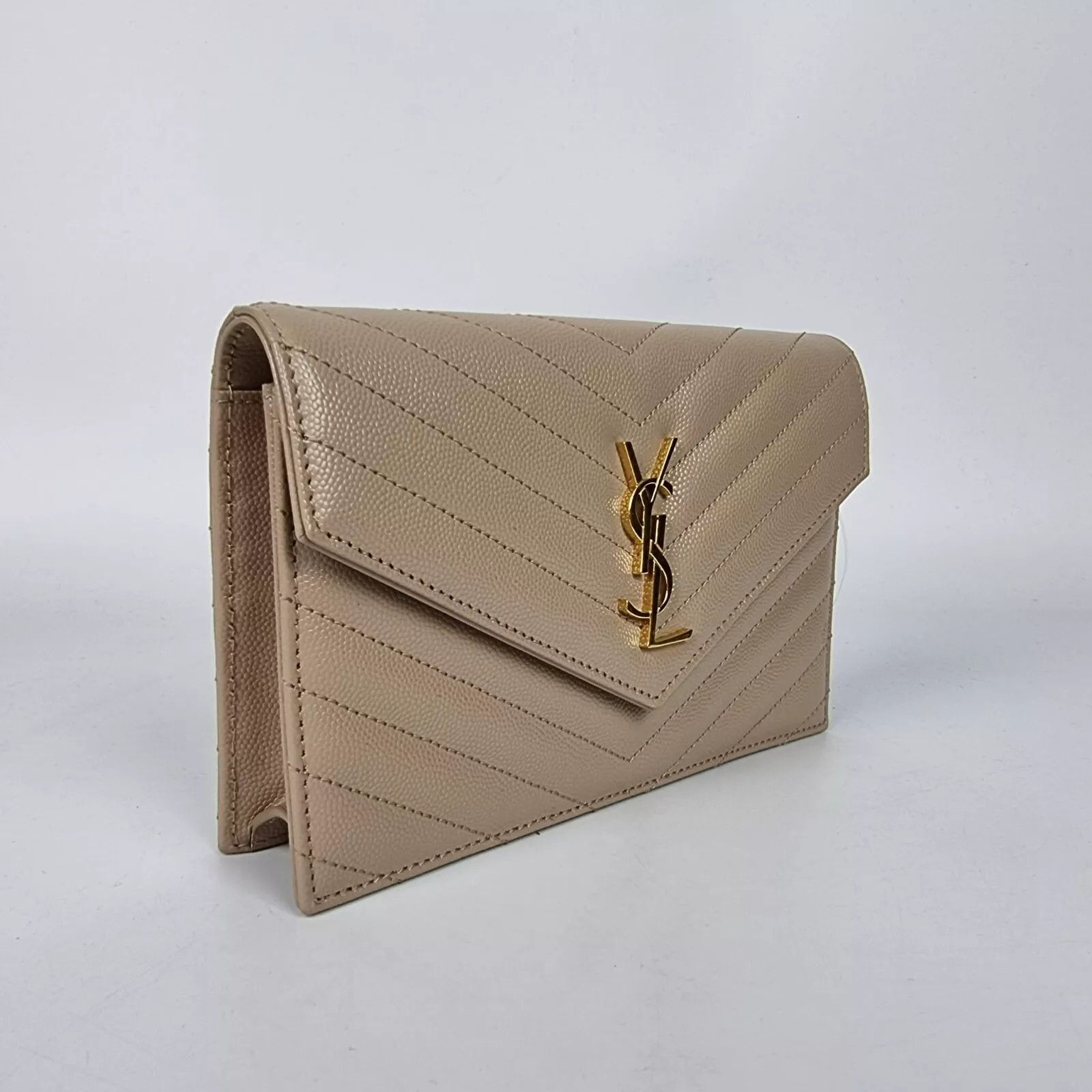 Saint Laurent Paris YSL Cassandre Envelope Dk Beige Grained Chain Wallet Size ONE SIZE - 4 Thumbnail