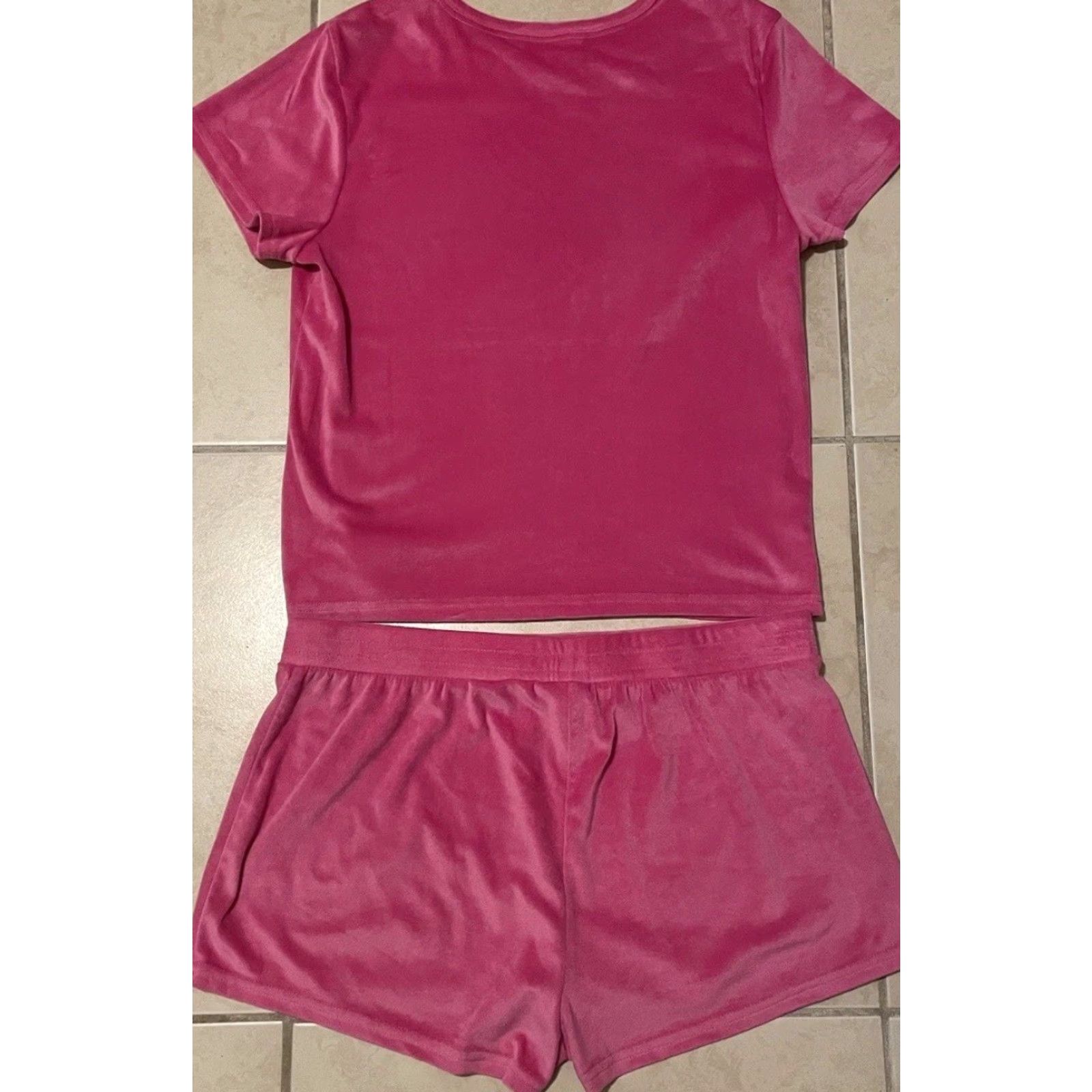 Velour VINTAGE Rhinestone Velour Shirt Short Set XL Pink 80s 90s Designer Bling Juicy Couture Women's T-Shirt Size XL / US 12-14 / IT 48-50 - 3 Thumbnail