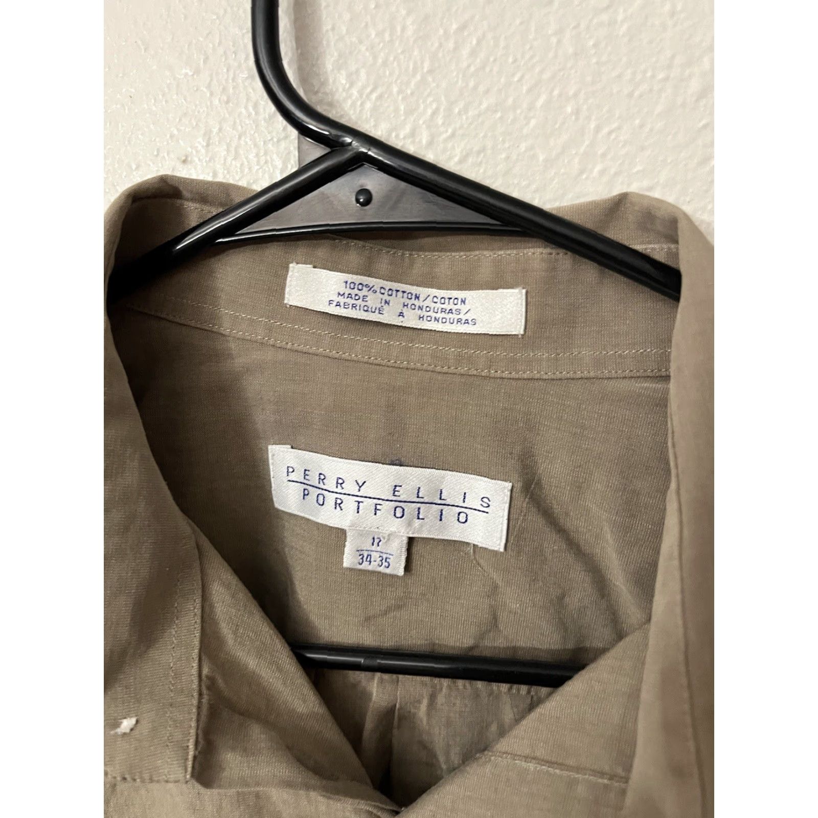 Perry Ellis PERRY ELLIS Portfolio Button-Down Shirt Men 17 Slim Fit Brown Beige Cotton Spandex Solid Casual Business 17 Mens Size US XL / EU 56 / 4 - 2 Thumbnail
