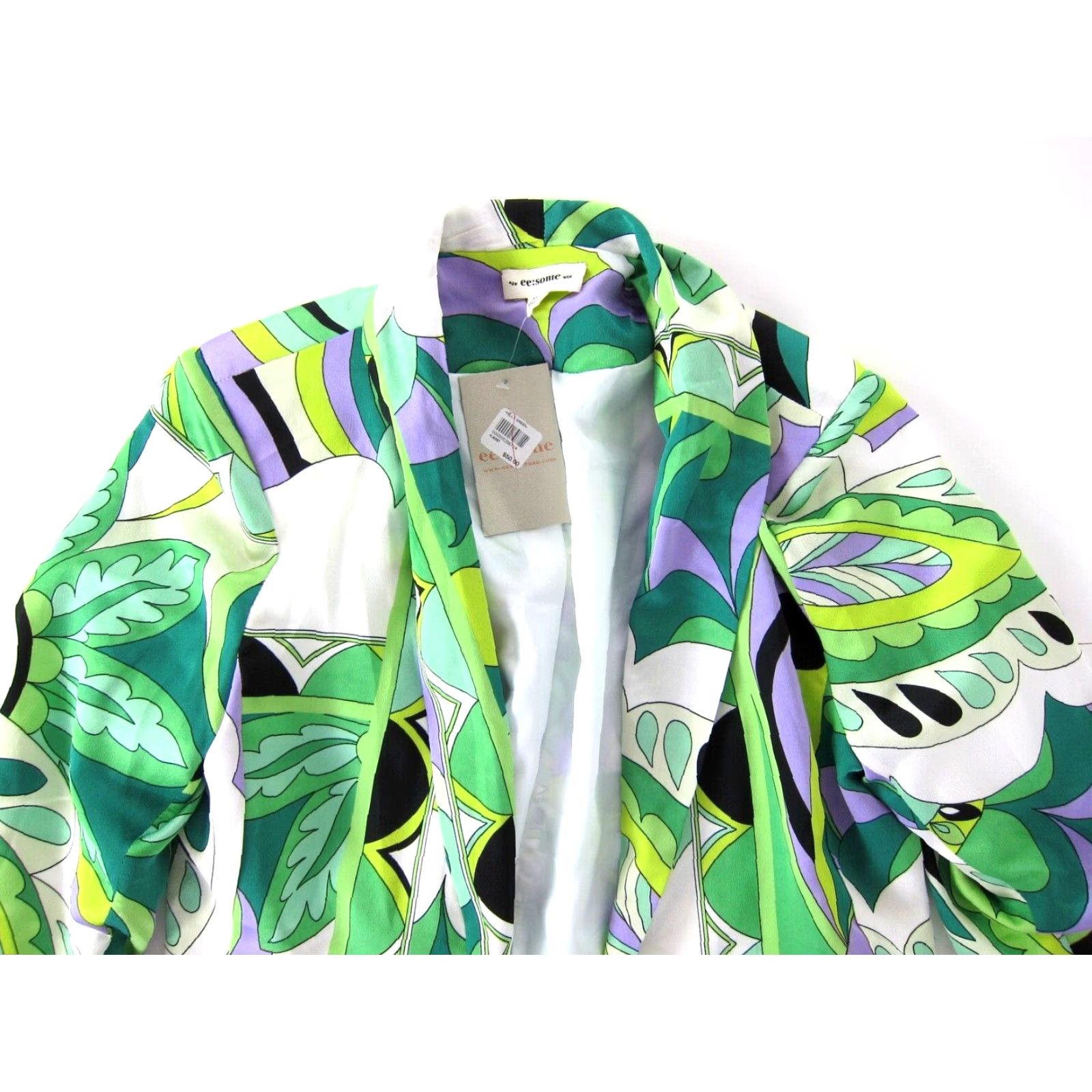 Vintage ee:some Blazer NWT M Womens Ruched Sleeve Floral Pocket Retro Kelly Green Purple Blazer Jacket M Size M / US 6-8 / IT 42-44 - 4 Thumbnail