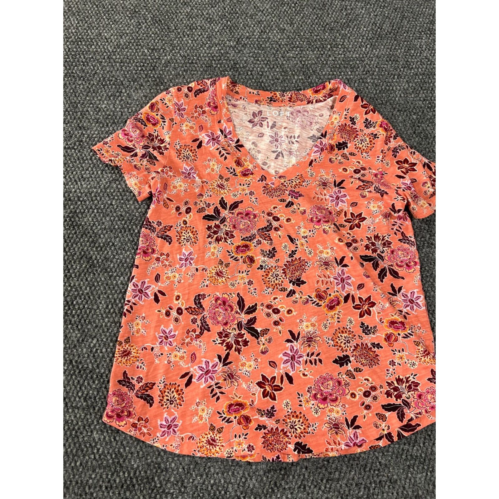 Loft Loft Shirt Womens Medium Orange Floral V-Neck Short Sleeve Cotton Tee Top Size M / US 6-8 / IT 42-44 - 3 Thumbnail