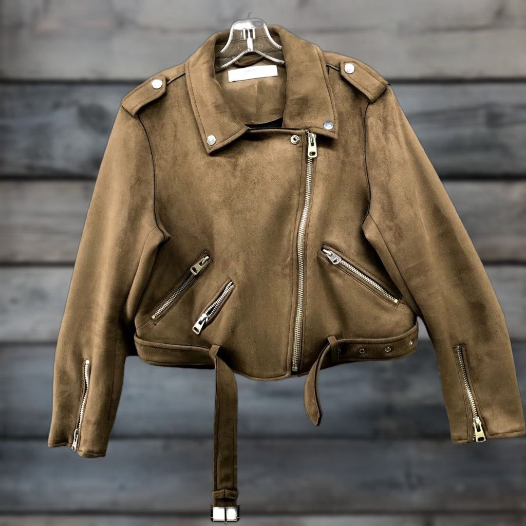 Zara Jacket Women XL Brown Faux Suede Moto Belted Zip Biker Fall Winter Womens